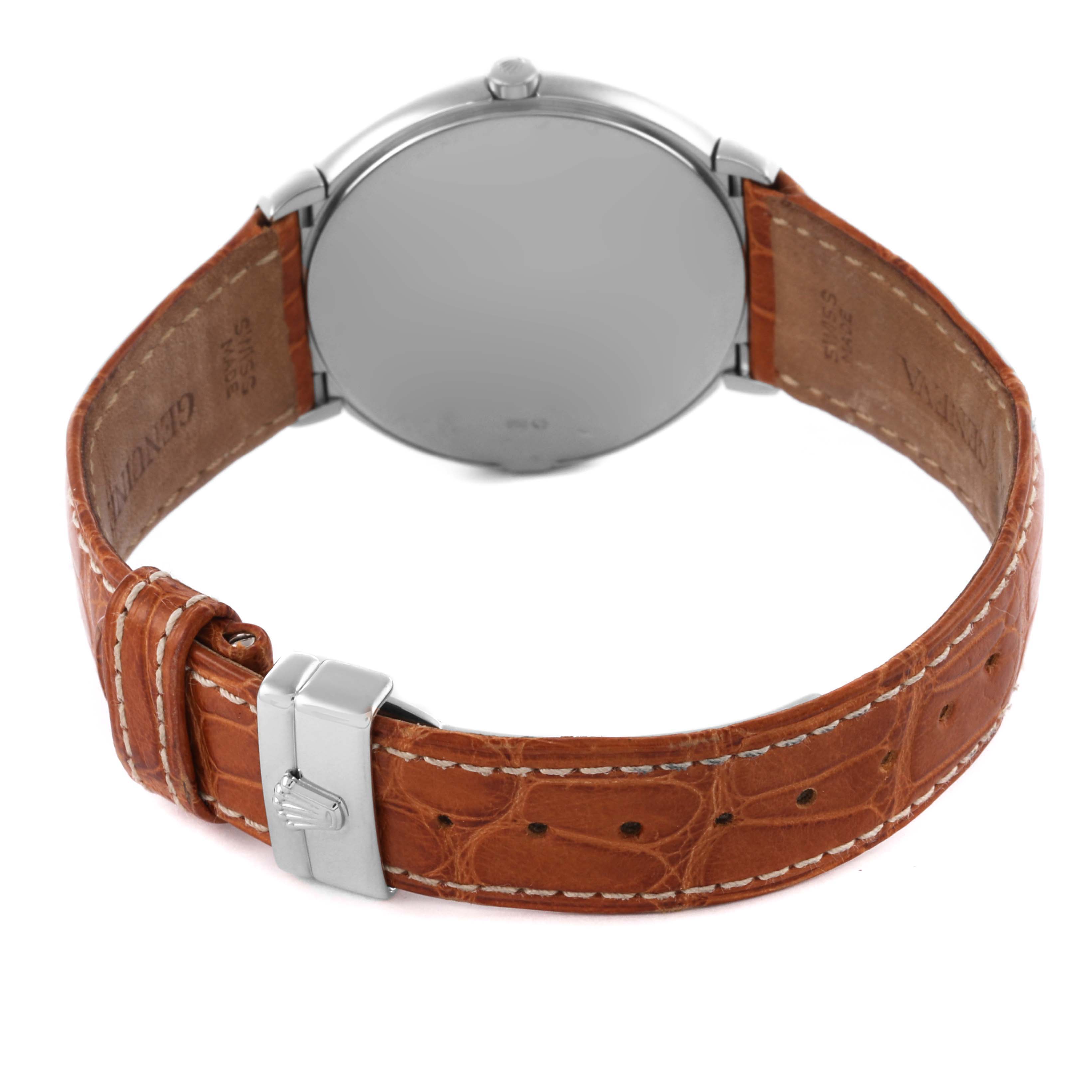 The image shows the Rolex Cellini 6623 Men's White Gold White Dial 6623 Men's White Gold White Dial's back and leather strap, with a focus on the clasp and case.