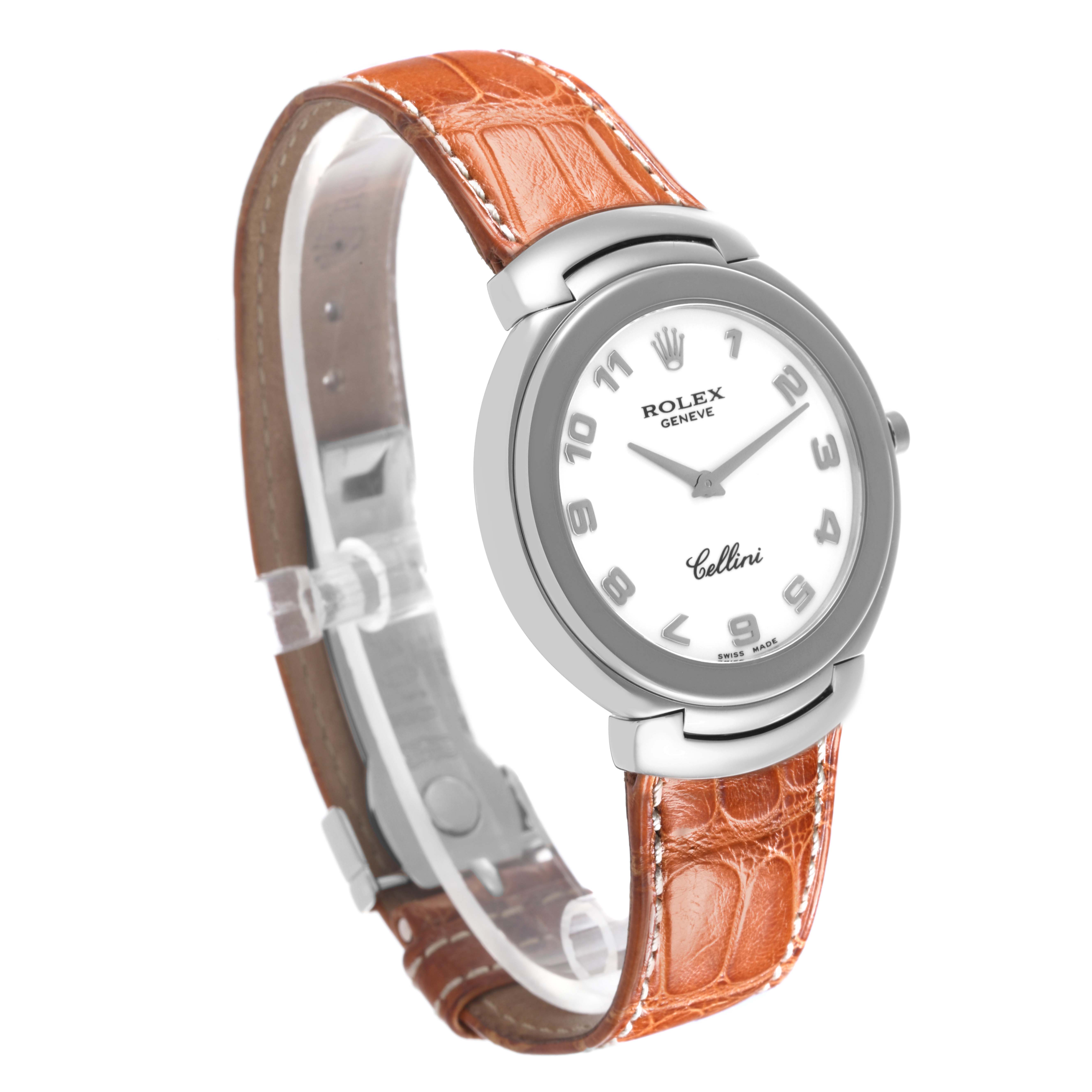 The Rolex Cellini 6623 Men's White Gold White Dial 6623 Men's White Gold White Dial watch is shown at a three-quarter angle, displaying the dial, case, crown, and brown leather strap.