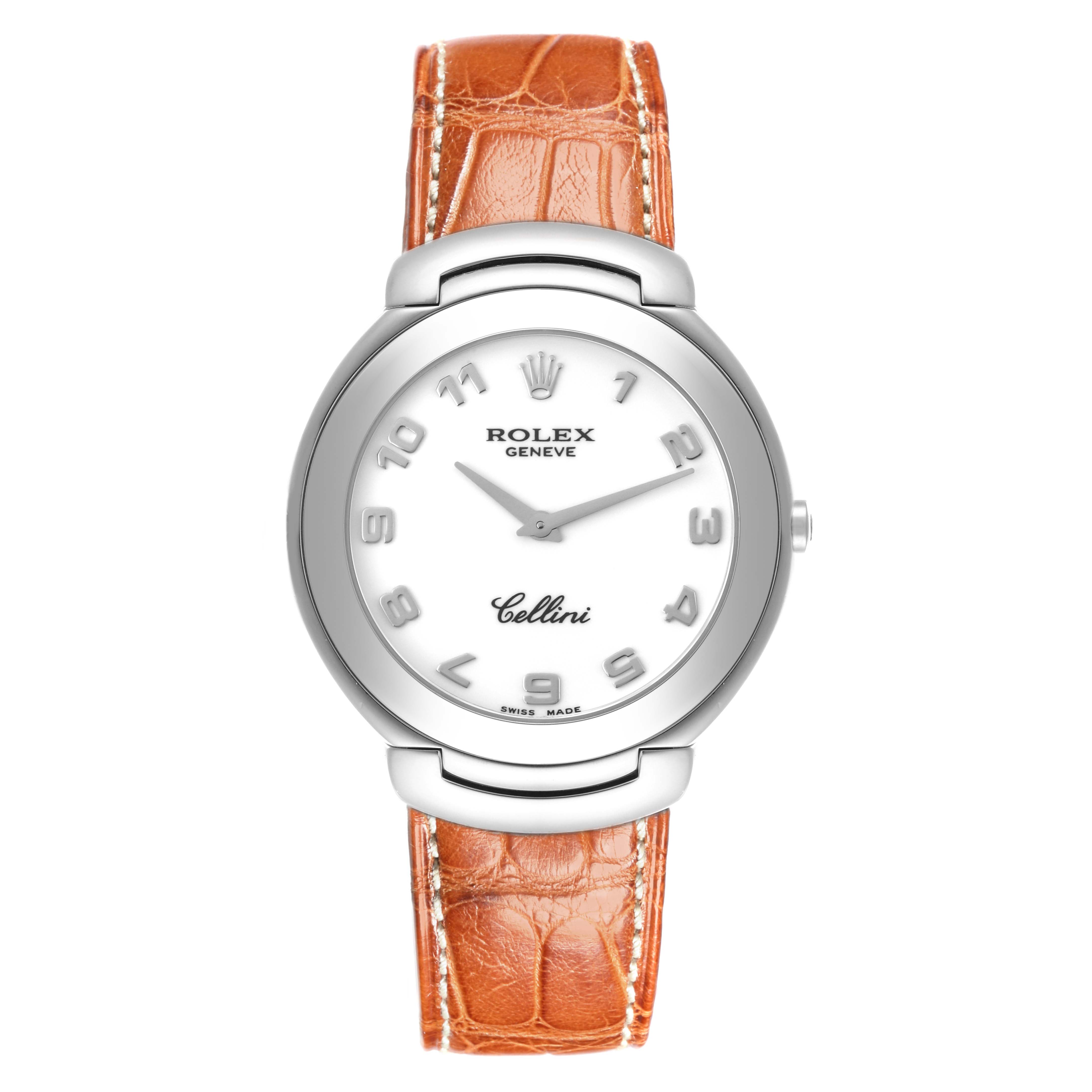 The Rolex Cellini 6623 Men's White Gold White Dial 6623 Men's White Gold White Dial watch is shown from a straight-on angle, displaying the entire face, case, and strap.