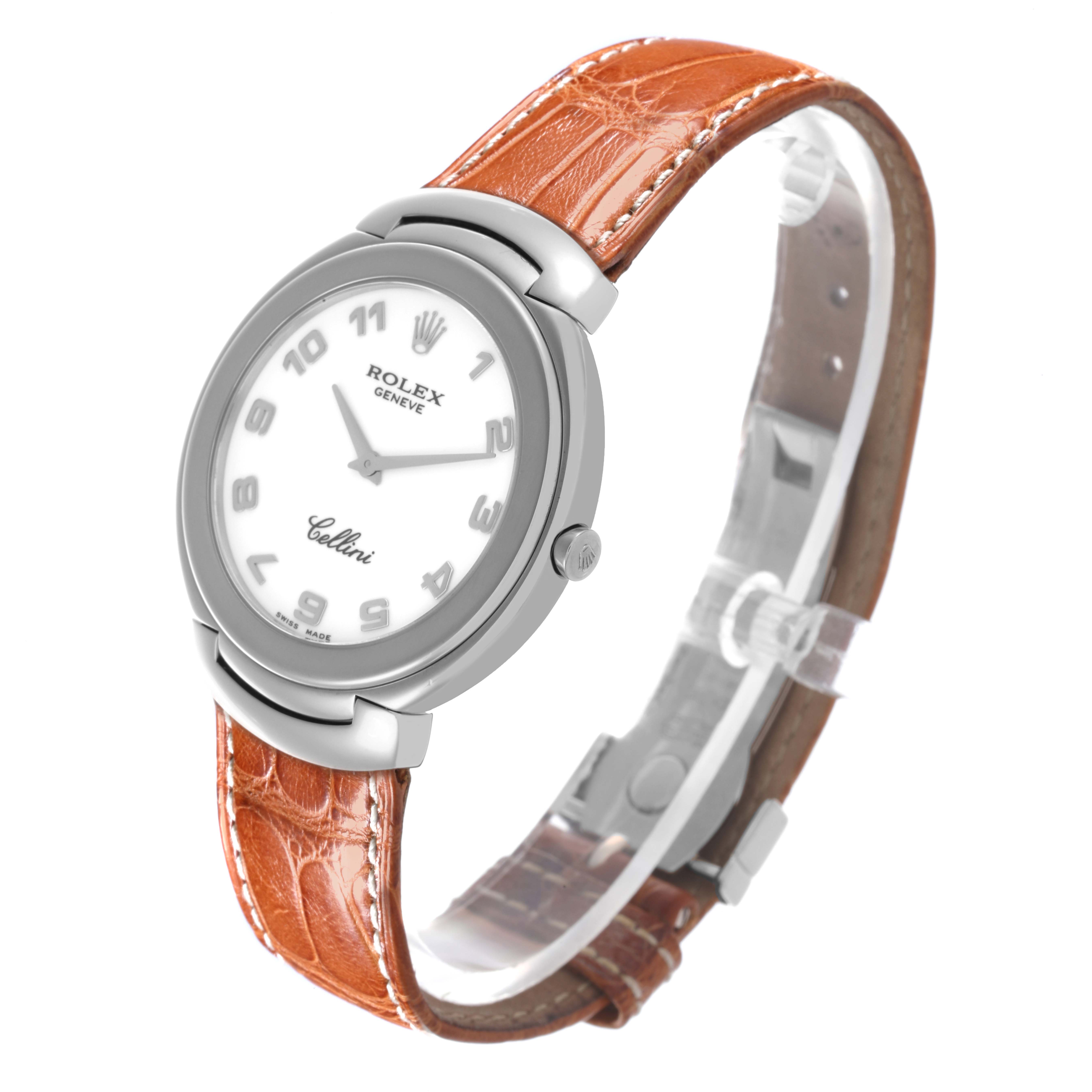 The Rolex Cellini 6623 Men's White Gold White Dial 6623 Men's White Gold White Dial watch is shown at an angle highlighting the round face, bezel, crown, and brown leather strap.