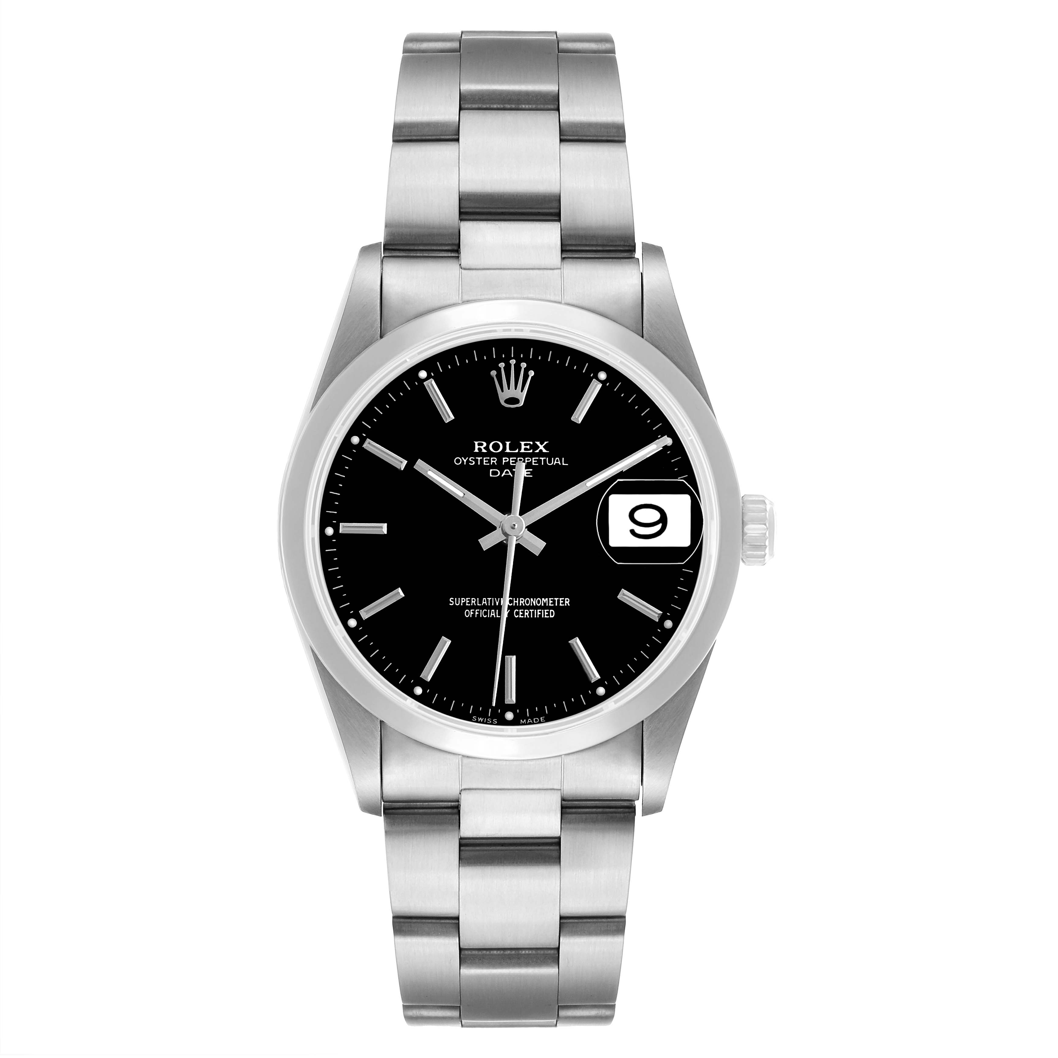 The Rolex Date ROLEX DATE BLACK DIAL SMOOTH BEZEL STEEL MENS WATCH 15200 Men's Stainless Steel Black Dial model is shown from a frontal angle, highlighting the bracelet, dial, and date window.