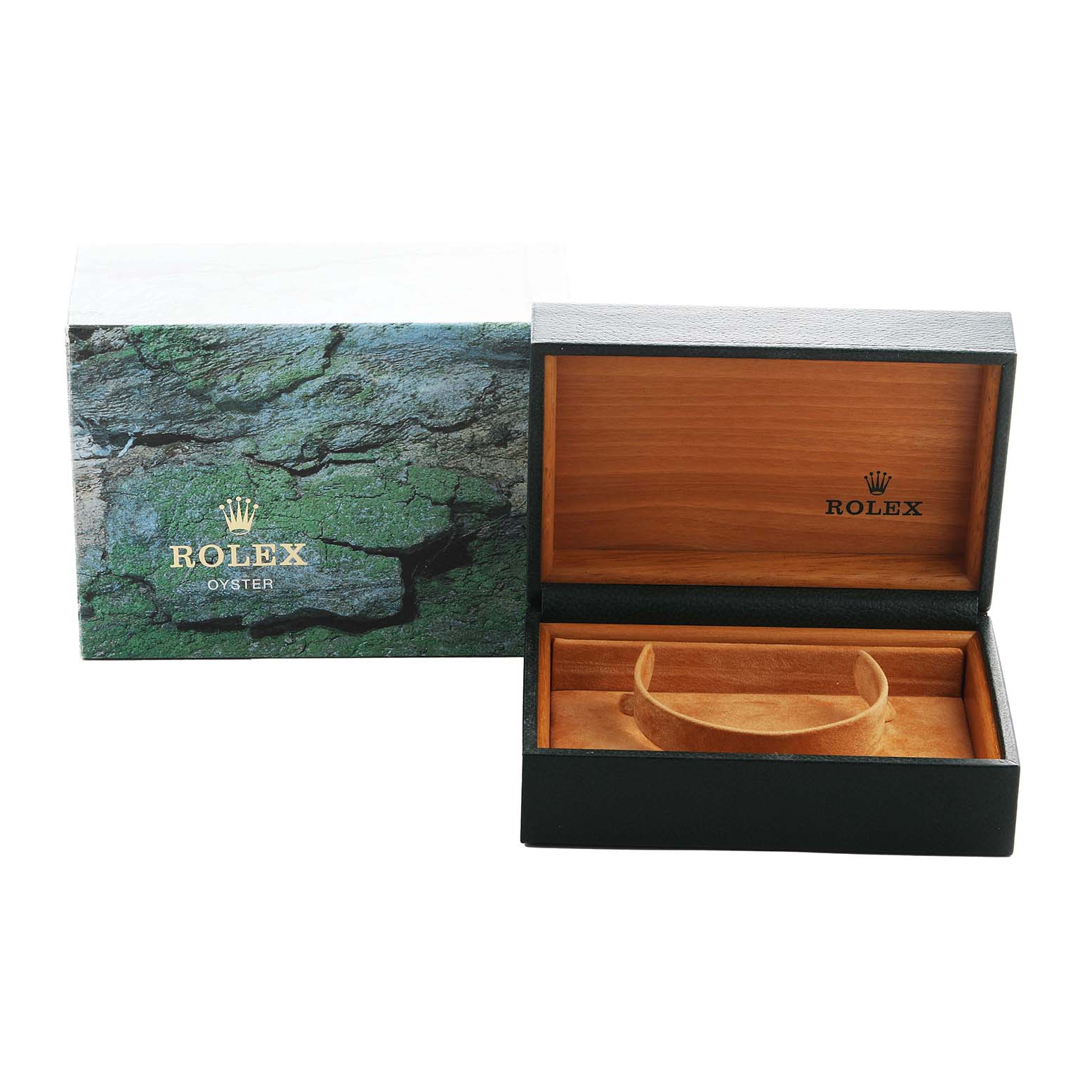 The image shows a Rolex Date ROLEX DATE BLACK DIAL SMOOTH BEZEL STEEL MENS WATCH 15200 Men's Stainless Steel Black Dial model box, open to display the interior and packaging alongside the outer box.