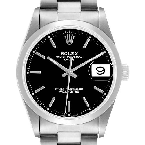 The Rolex Date ROLEX DATE BLACK DIAL SMOOTH BEZEL STEEL MENS WATCH 15200 Men's Stainless Steel Black Dial is shown from a front angle, highlighting the dial, bezel, crown, and part of the bracelet.