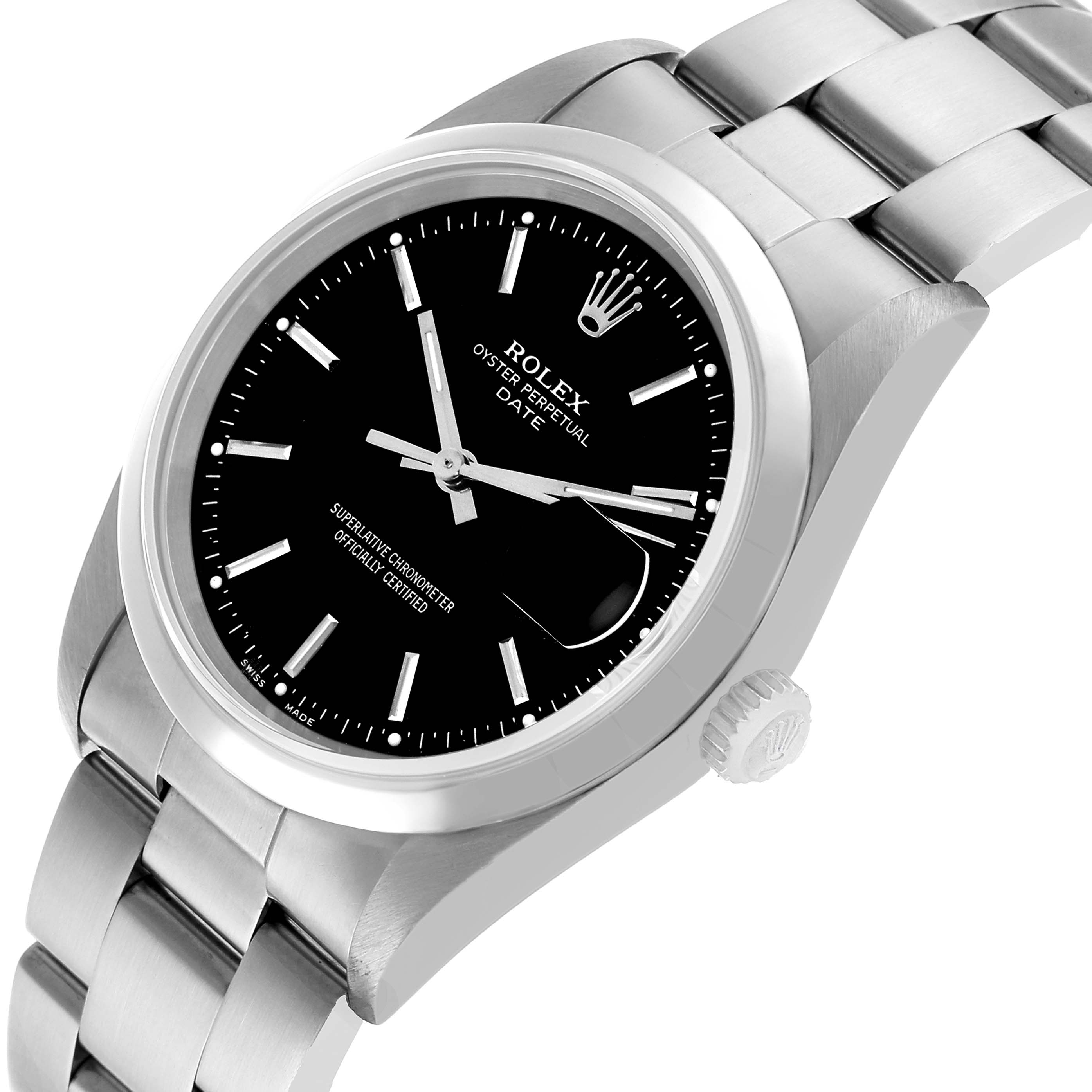 The Rolex Date ROLEX DATE BLACK DIAL SMOOTH BEZEL STEEL MENS WATCH 15200 Men's Stainless Steel Black Dial watch is shown at an angle highlighting the dial, case, crown, and part of the bracelet.
