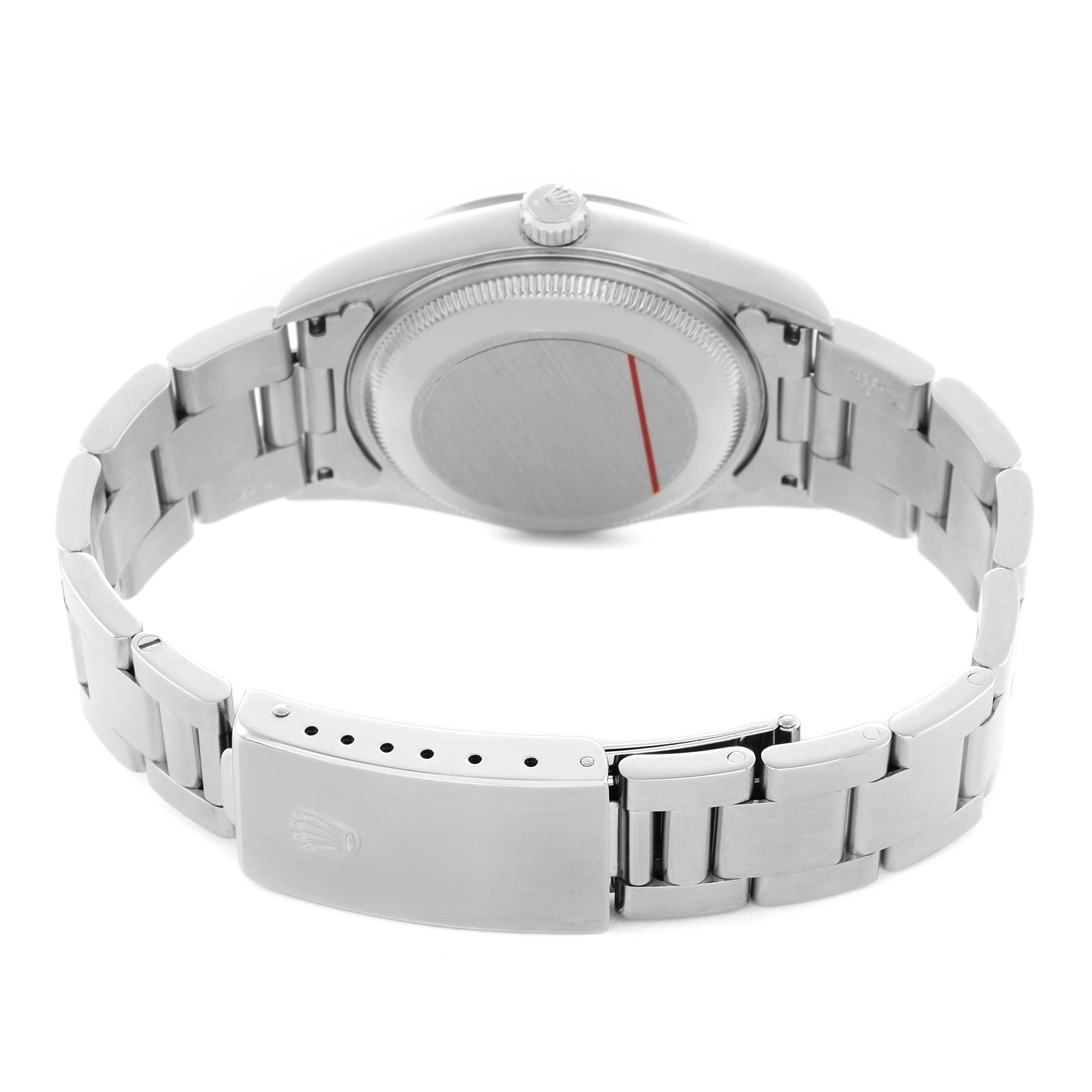 The image shows the back of a Rolex Date 15200 Men's Stainless Steel Black Dial model watch, highlighting the case back, crown, and bracelet clasp from a rear angle.