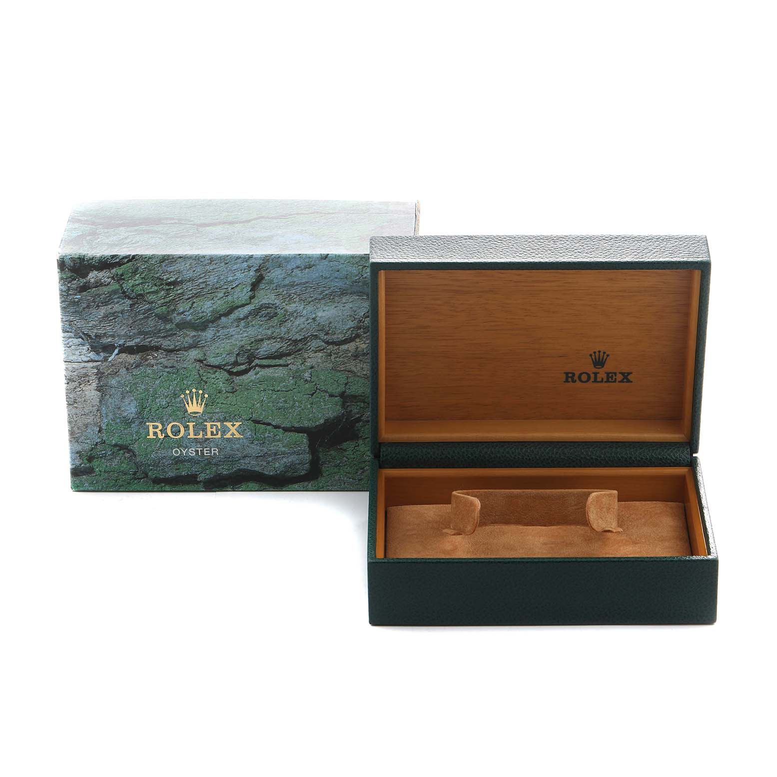 The image shows an open Rolex Date 15200 Men's Stainless Steel Black Dial model box and its outer box, angled to display the interior and logo.