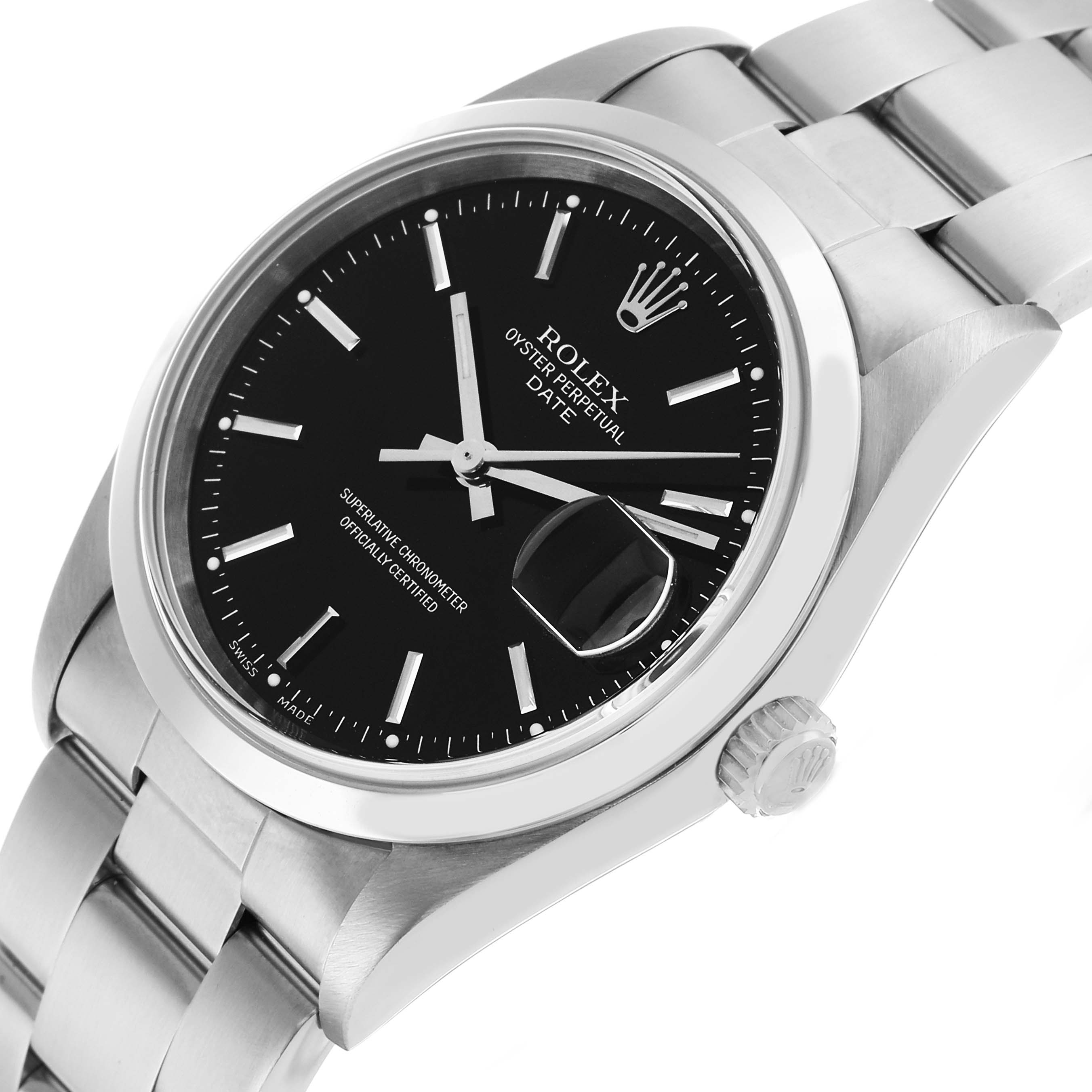The Rolex Date 15200 Men's Stainless Steel Black Dial watch is shown at an angled view, highlighting the black dial, date magnifier, crown, and stainless steel bracelet.