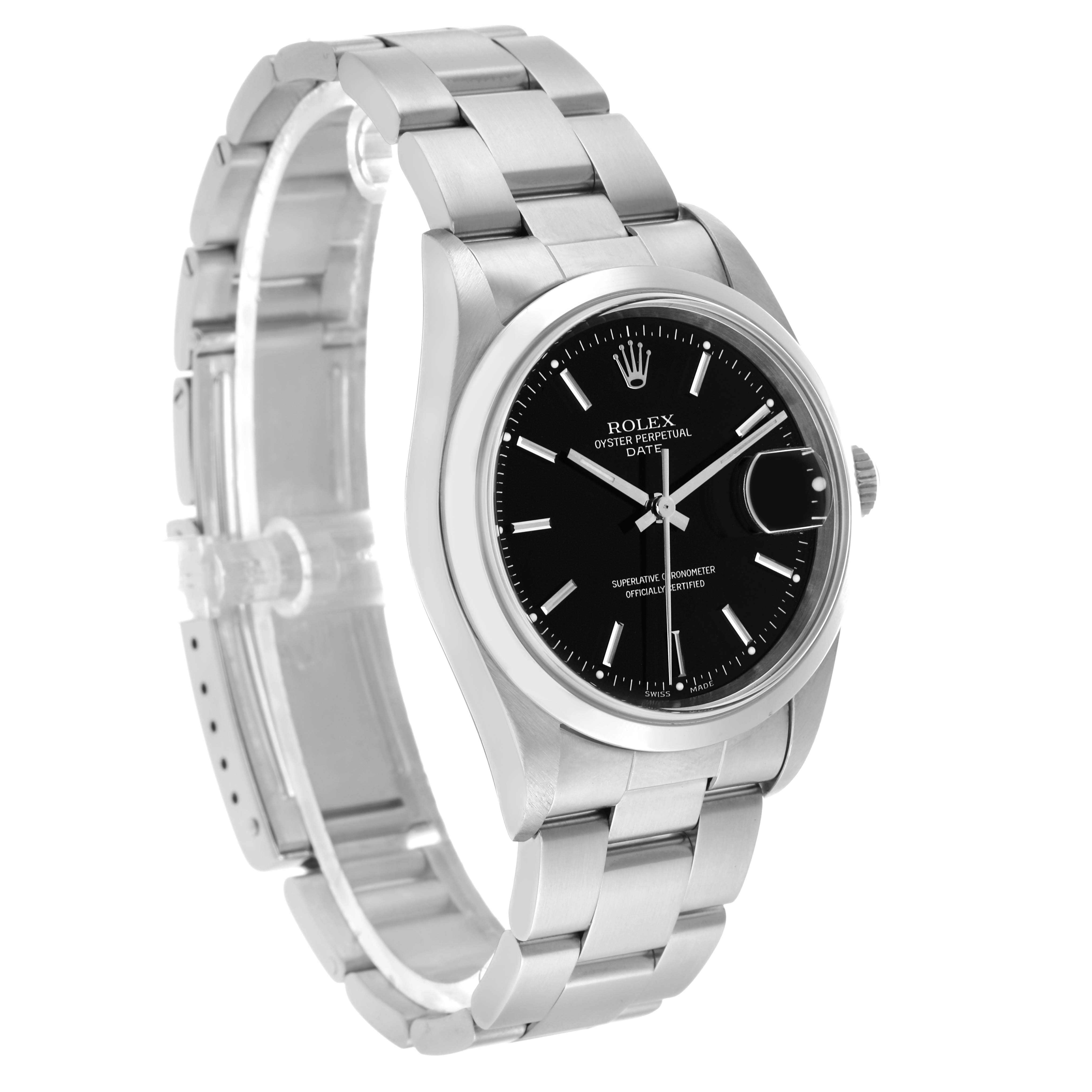 The Rolex Date 15200 Men's Stainless Steel Black Dial model watch is shown at a tilted angle, displaying its bracelet, case, dial, and crown.