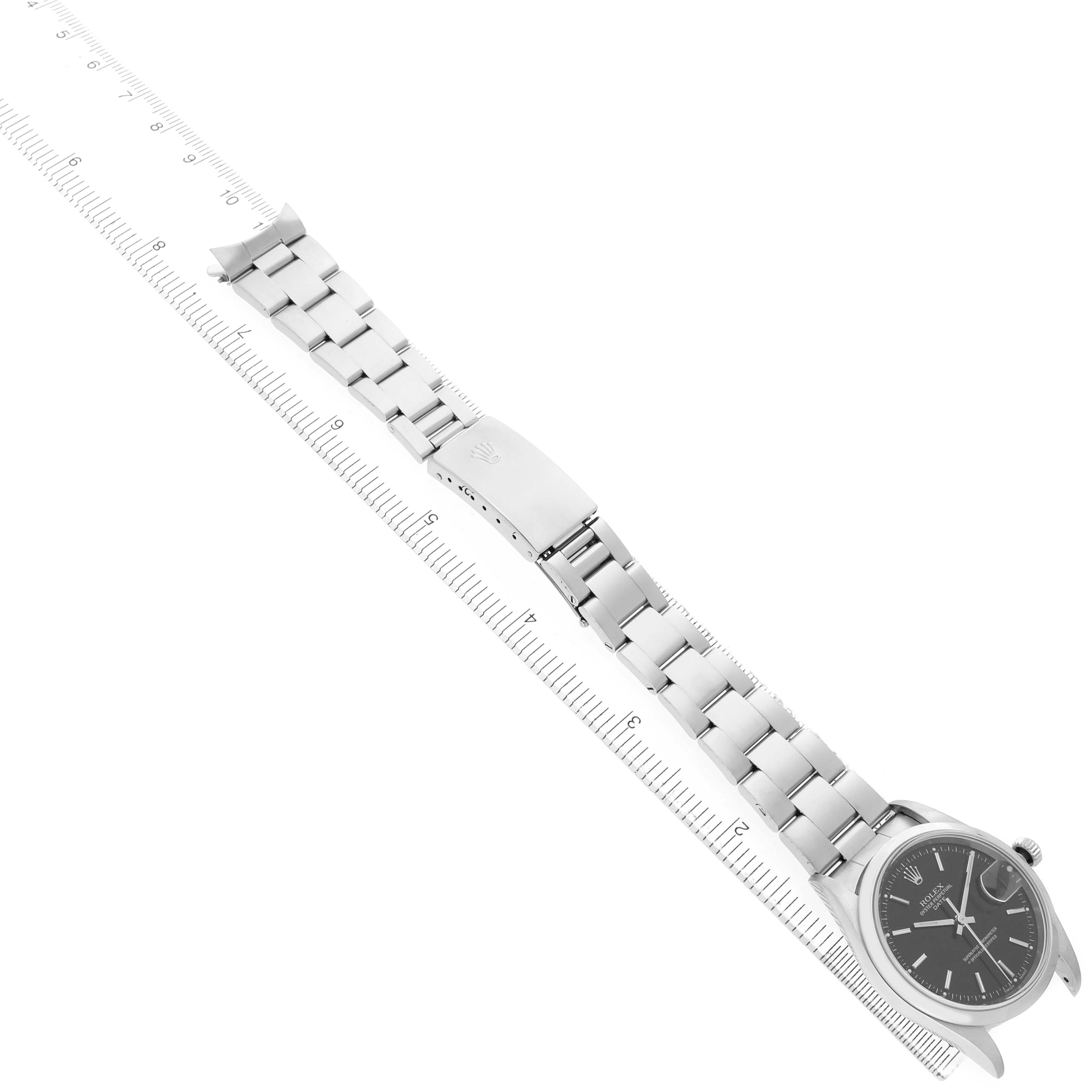 The Rolex Date 15200 Men's Stainless Steel Black Dial watch is displayed at a diagonal angle, showing the face, band, and clasp details clearly.