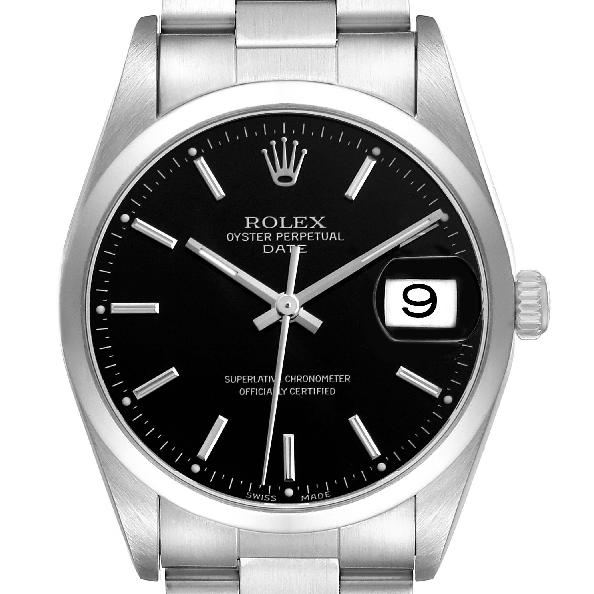 The image shows a frontal view of a Rolex Date 15200 Men's Stainless Steel Black Dial watch, highlighting its black dial, indices, hands, and date window.