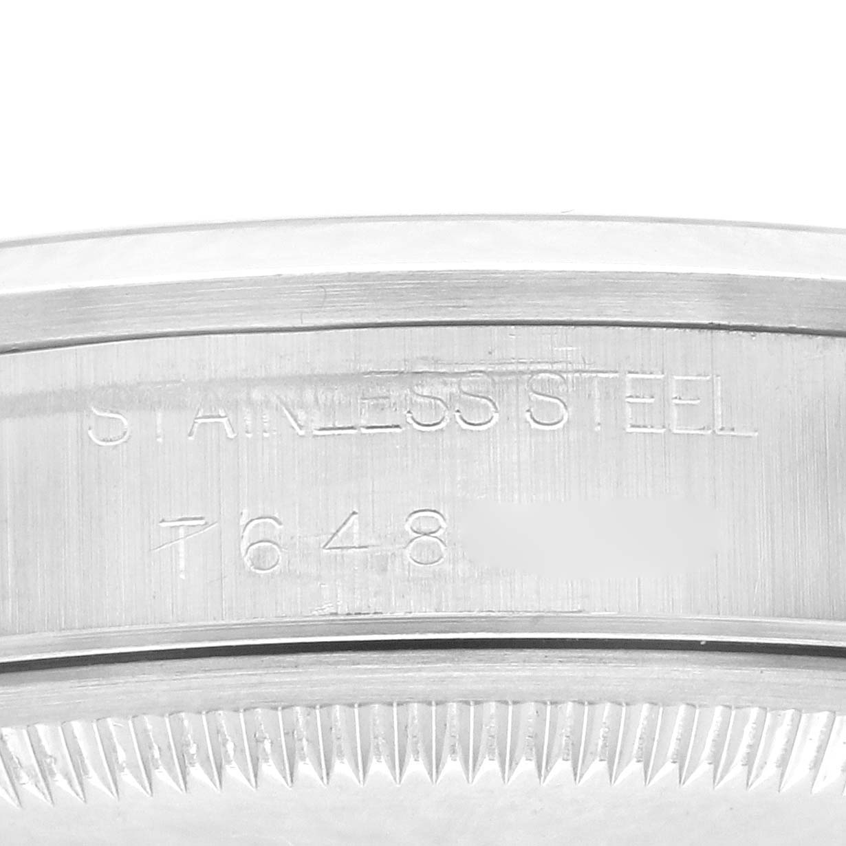 The image shows a close-up of the stainless steel casing and back of a Rolex Date 15200 Men's Stainless Steel White Dial 15200 Men's Stainless Steel White Dial model watch.