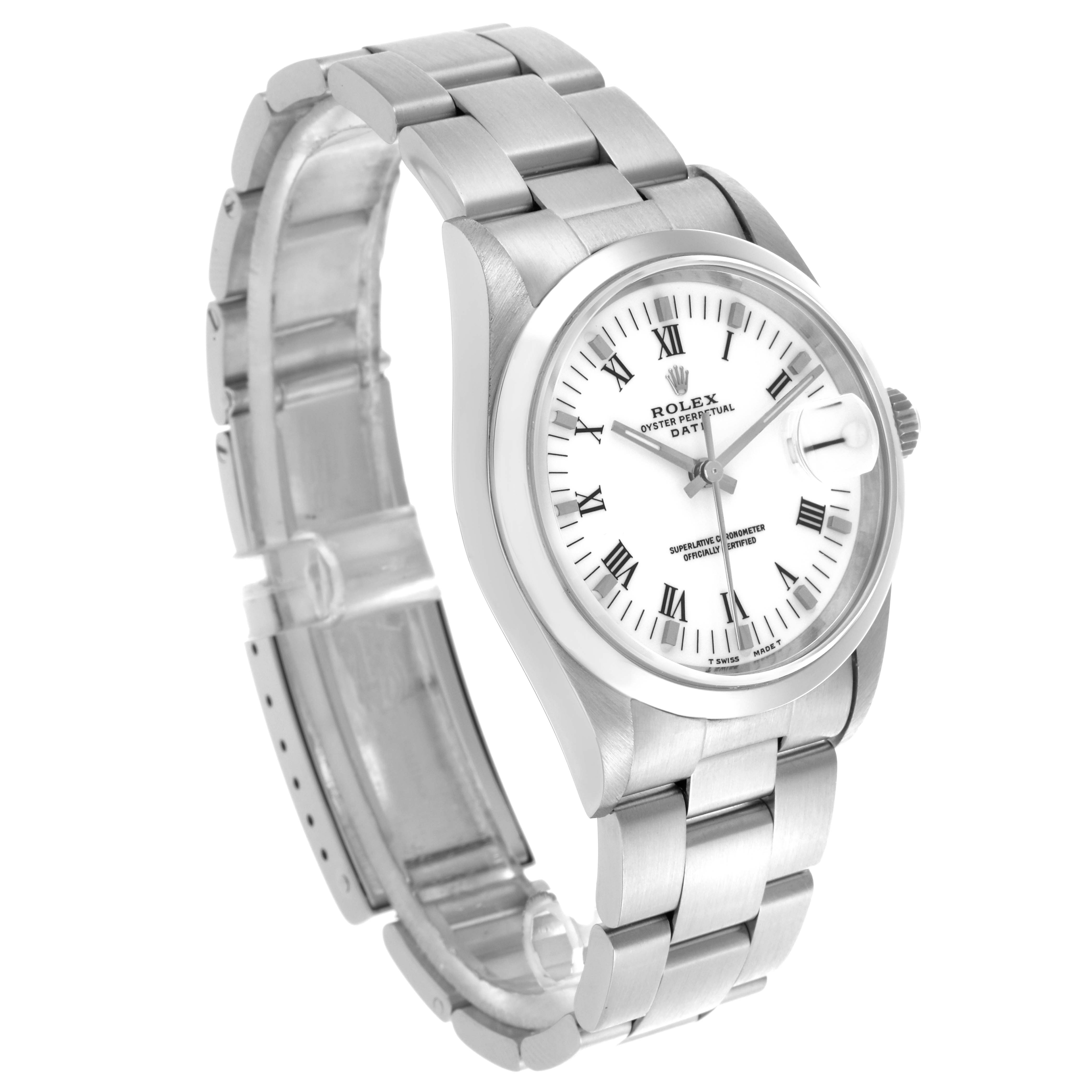 The Rolex Date 15200 Men's Stainless Steel White Dial 15200 Men's Stainless Steel White Dial model is shown at a three-quarter angle, highlighting the dial, bracelet, and case.