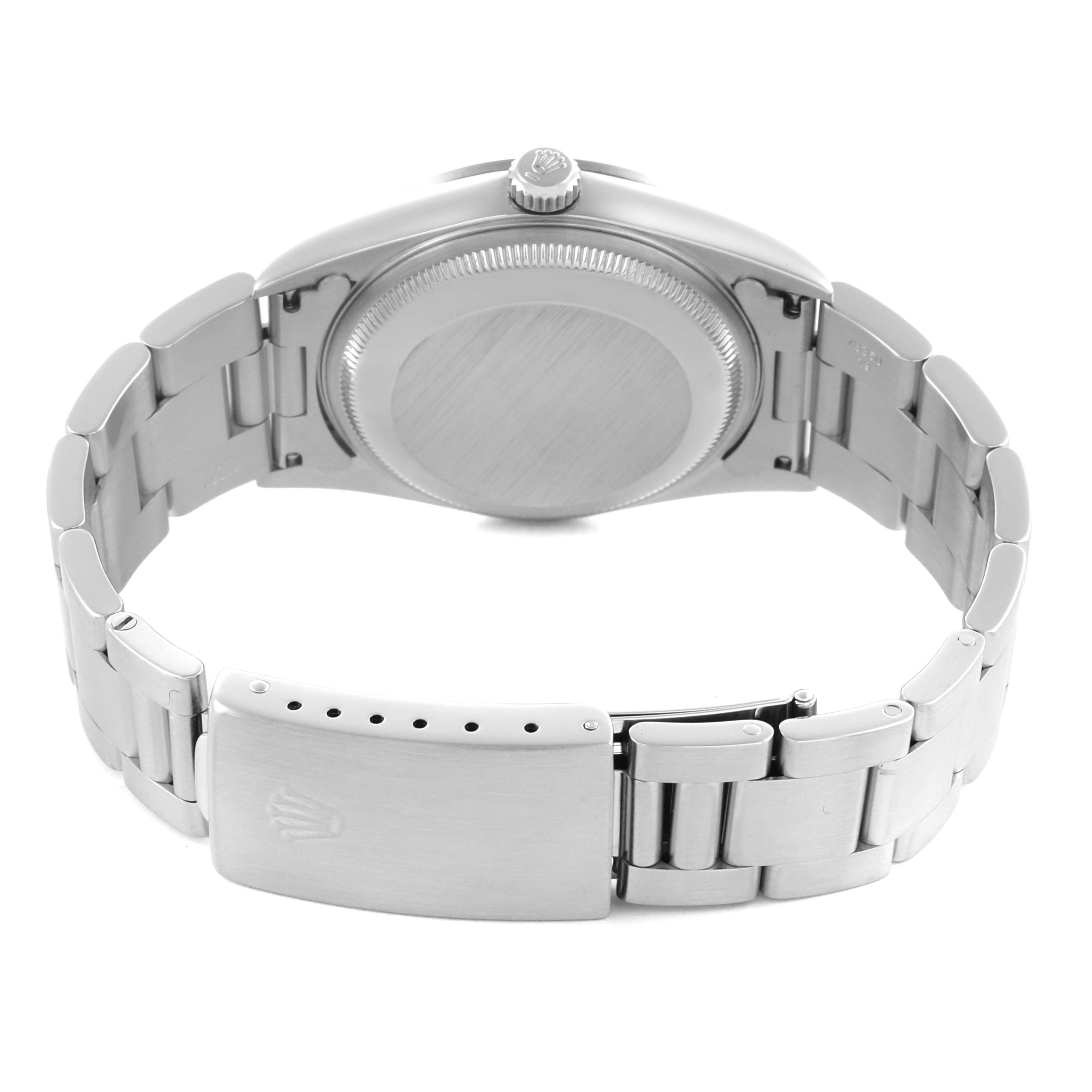 The image shows the back view of a Rolex Date 15200 Men's Stainless Steel White Dial 15200 Men's Stainless Steel White Dial model, including the case back and clasp.