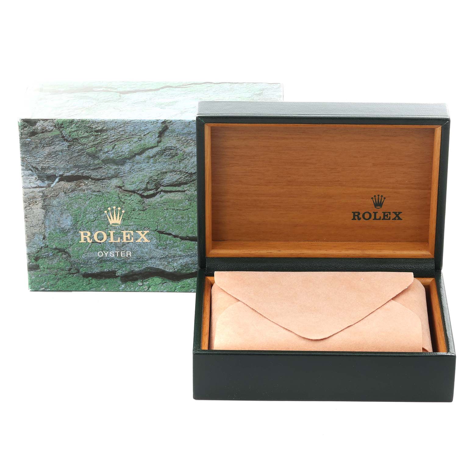 The image shows a Rolex Date 15200 Men's Stainless Steel White Dial 15200 Men's Stainless Steel White Dial model box and packaging, featuring an open wooden inner box and an outer box with a textured design.