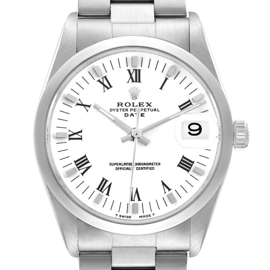 The image shows a front view of the Rolex Date watch, highlighting the dial, hands, date window, and part of the bracelet.