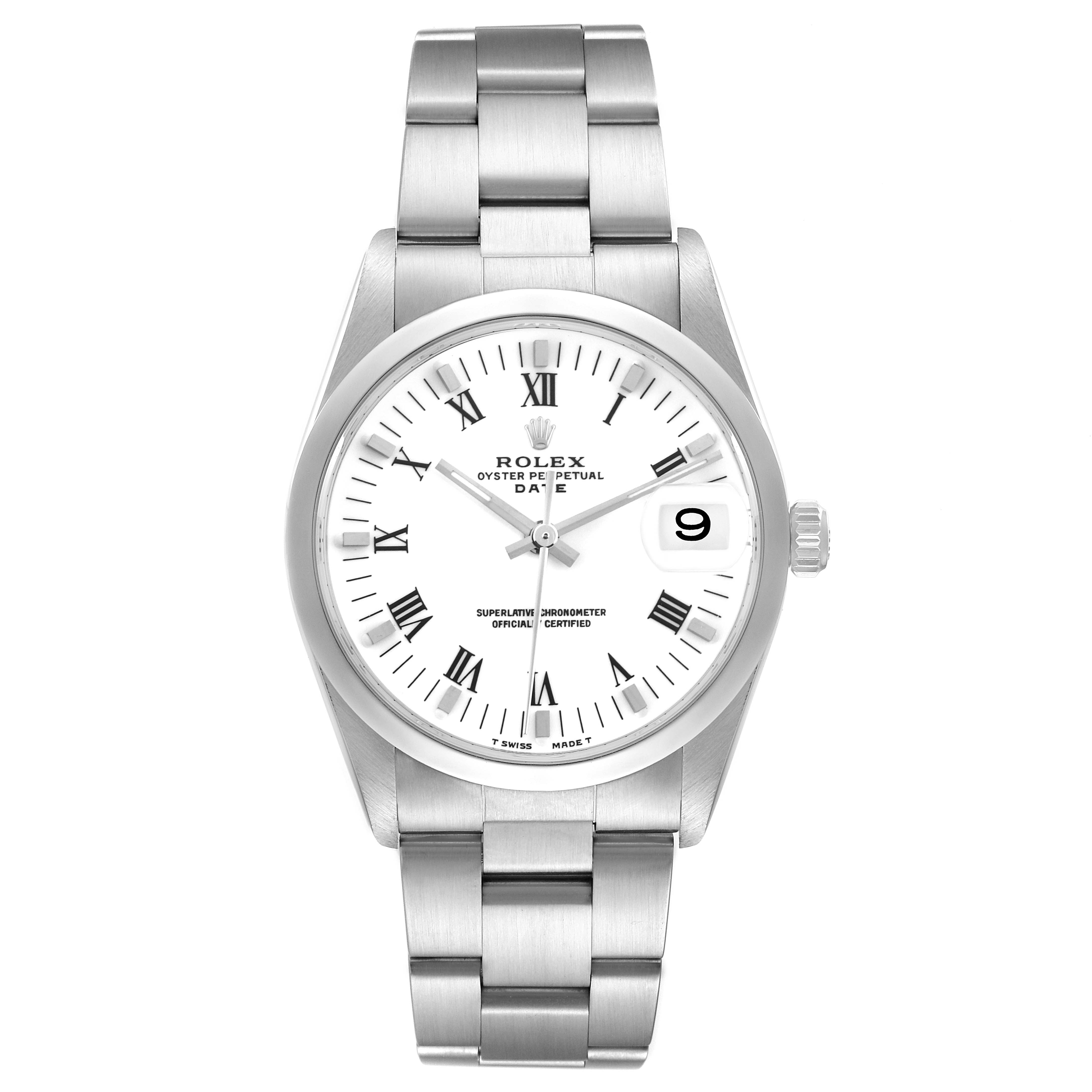 The Rolex Date 15200 Men's Stainless Steel White Dial 15200 Men's Stainless Steel White Dial model watch is shown from a front angle, displaying its dial, bracelet, and date window.