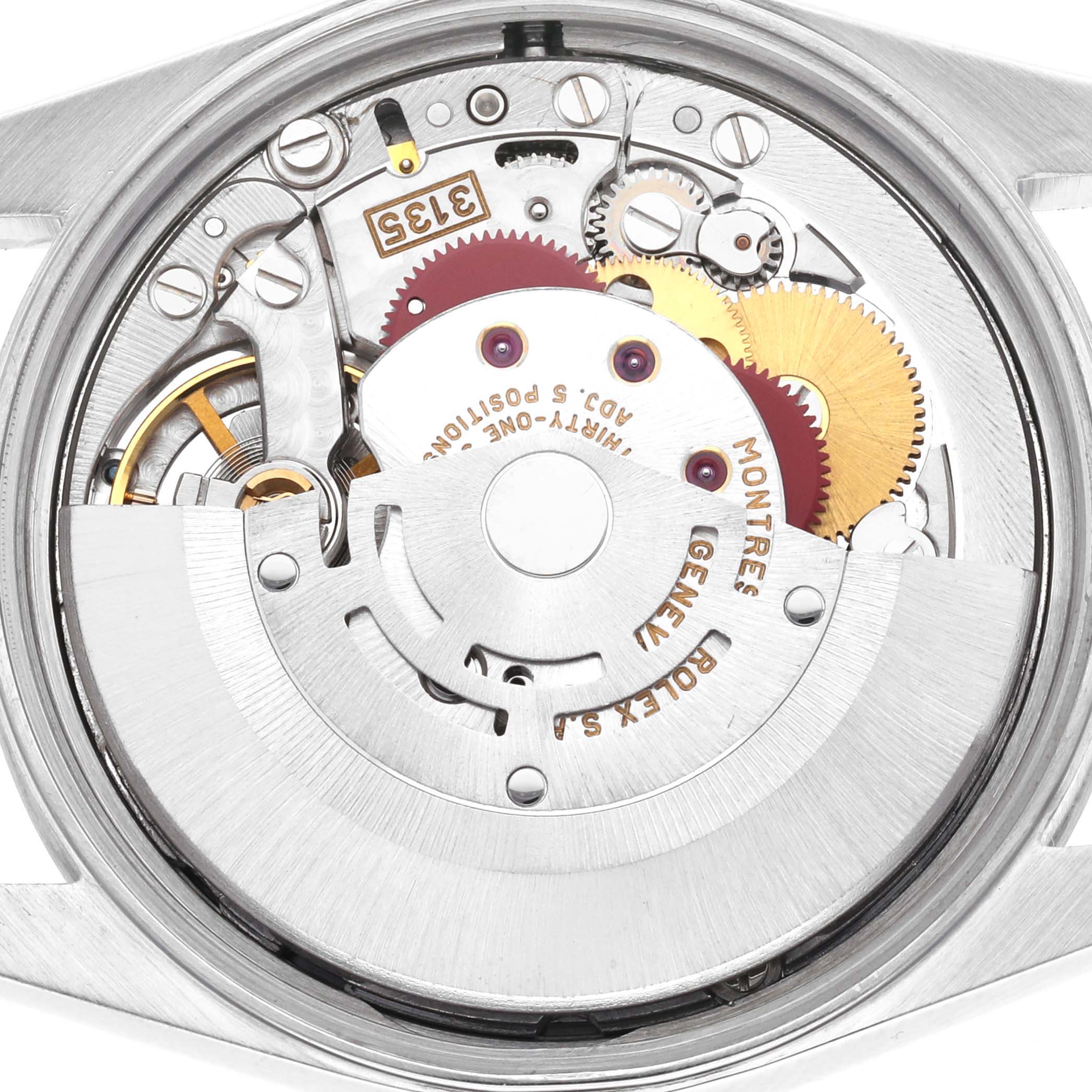 The image shows the movement of a Rolex Date 15200 Men's Stainless Steel White Dial 15200 Men's Stainless Steel White Dial model, featuring gears and components from the back.