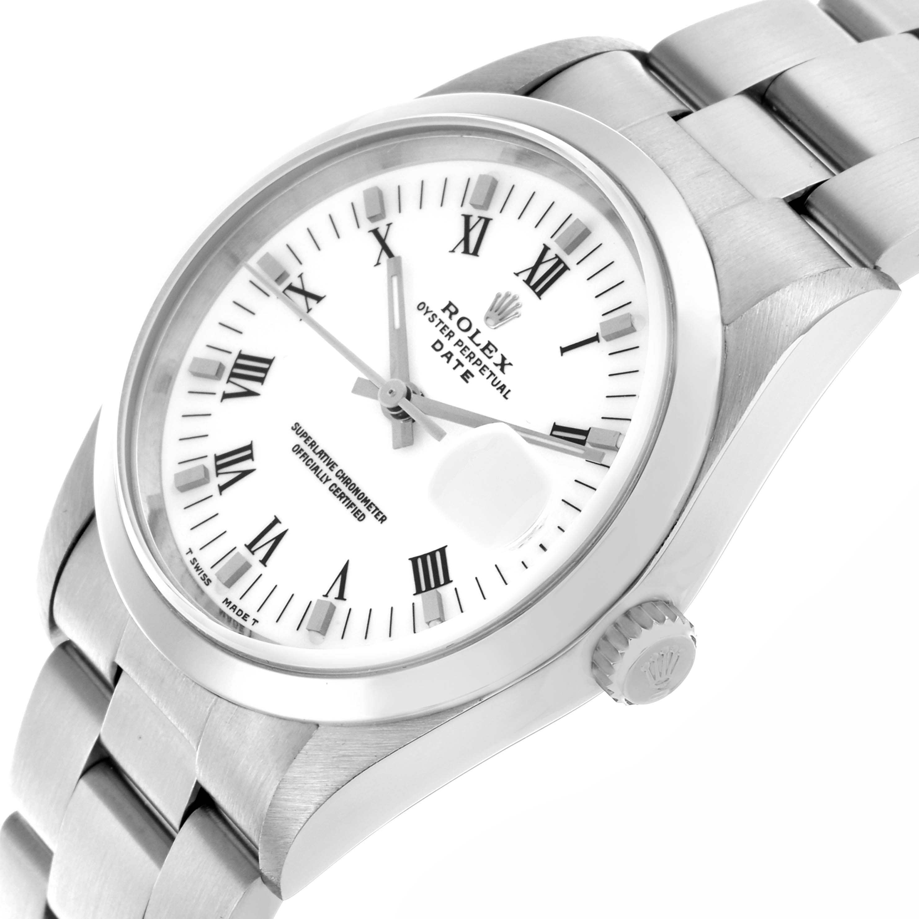 The Rolex Date 15200 Men's Stainless Steel White Dial 15200 Men's Stainless Steel White Dial watch is shown at an angled side view, displaying the dial, bezel, bracelet, and crown.