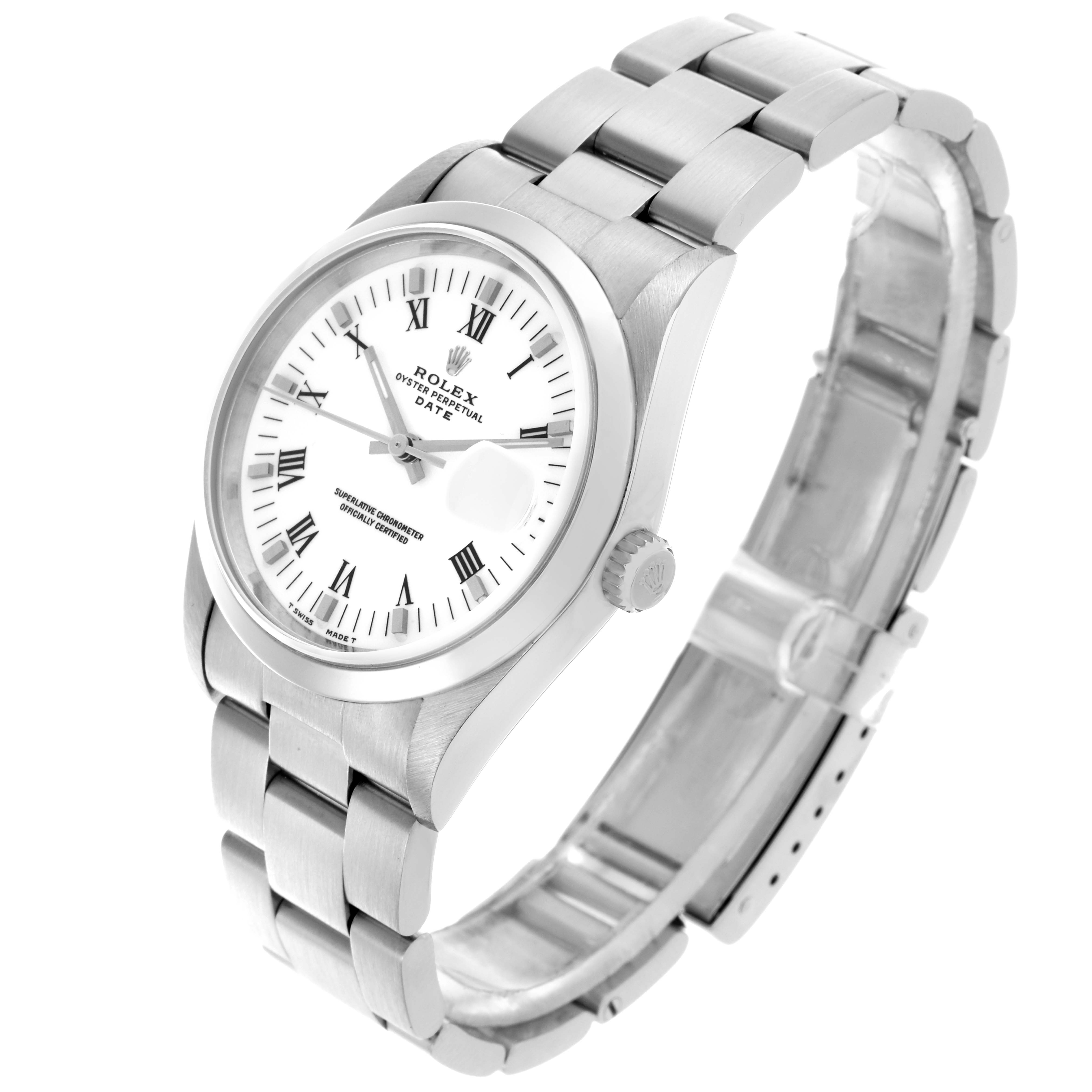 The Rolex Date 15200 Men's Stainless Steel White Dial 15200 Men's Stainless Steel White Dial watch is shown from a three-quarter angle, displaying the face, bracelet, and crown.