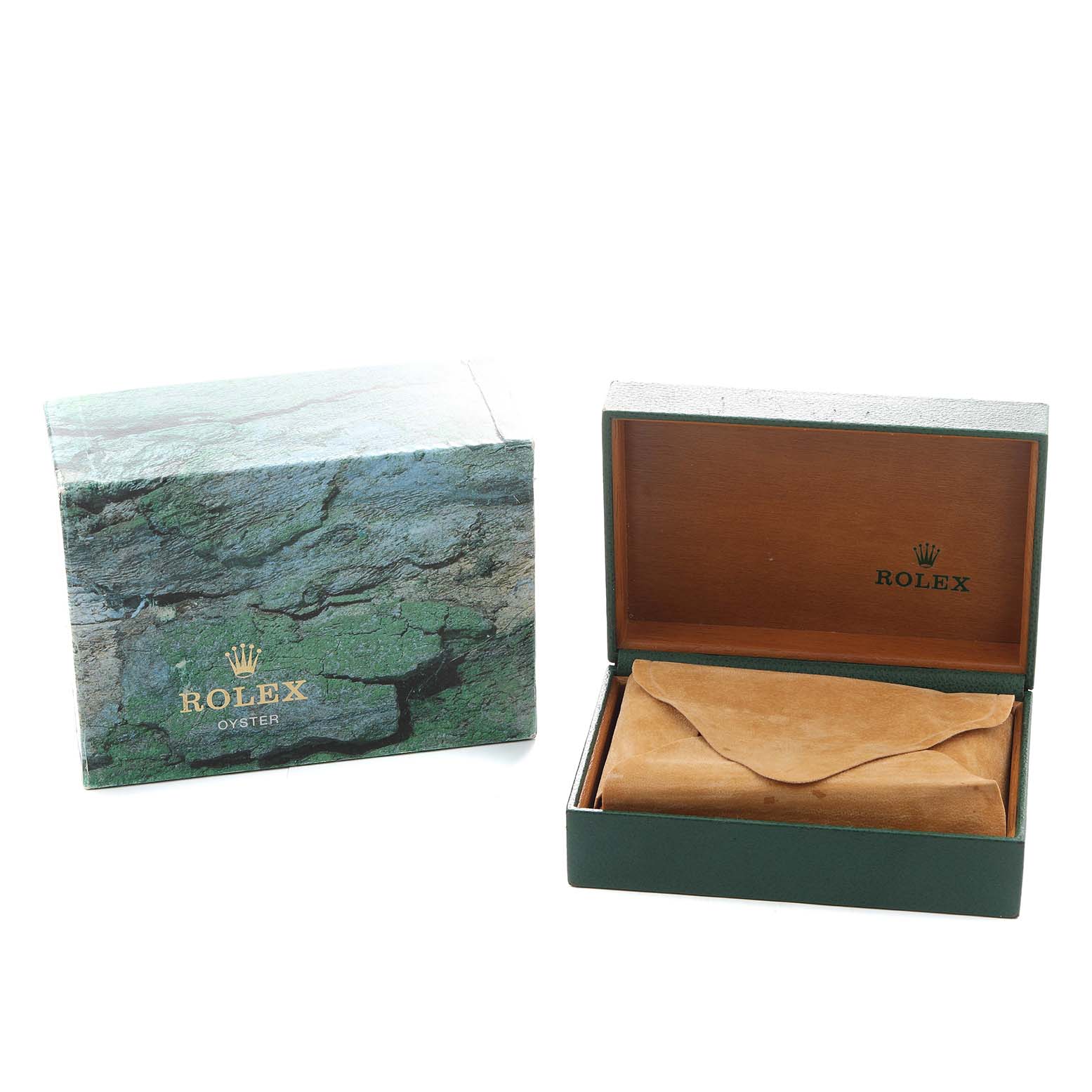 The image shows an open Rolex watch box with "Rolex" branding, displaying the packaging for a Date model.