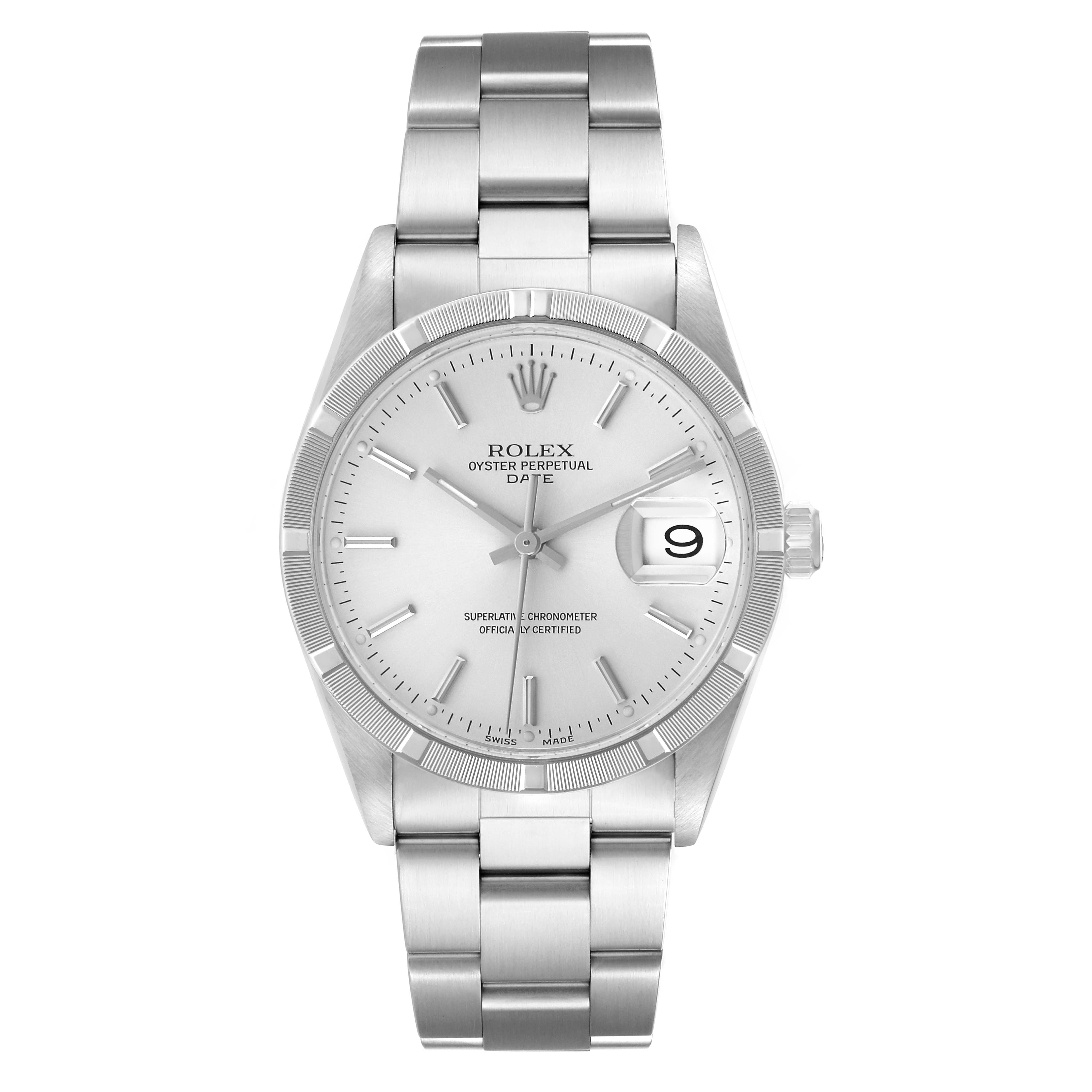 The Rolex Date 15210 Men's Stainless Steel Silver Dial watch is shown from the front, displaying its dial, bezel, bracelet, and date window.