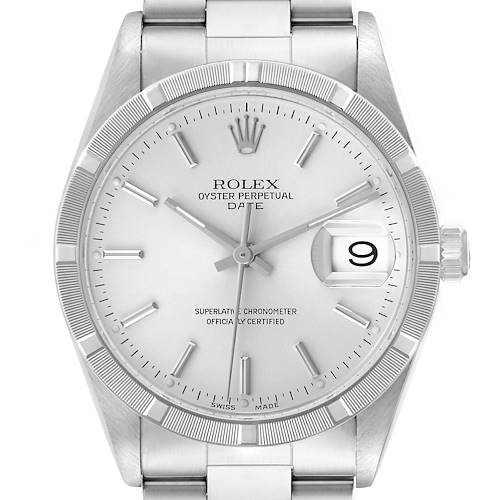 The image shows a front view of the Rolex Date 15210 Men's Stainless Steel Silver Dial watch, highlighting the dial, bezel, and bracelet.