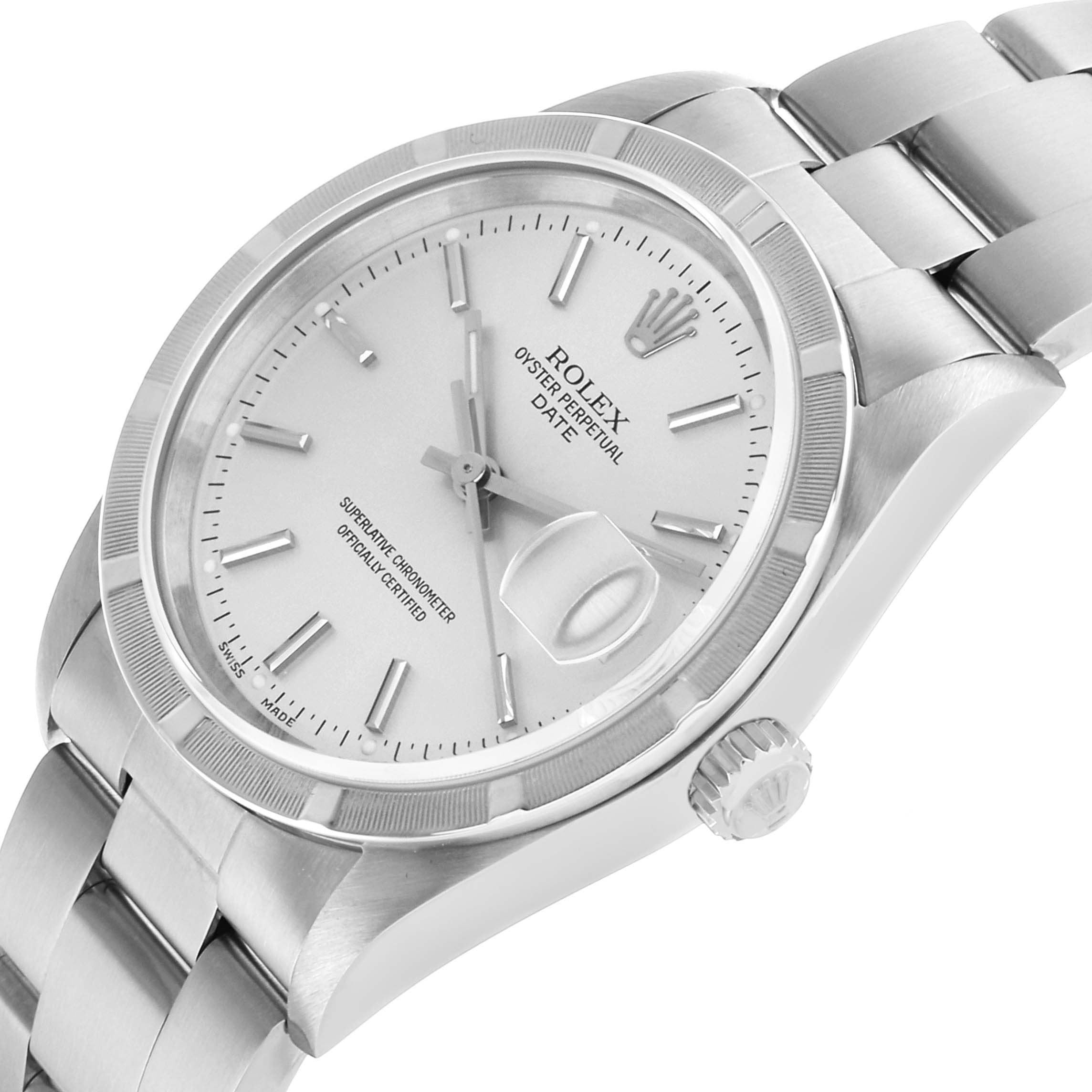 The Rolex Date 15210 Men's Stainless Steel Silver Dial model is shown at a slight angle, highlighting the dial, bezel, crown, and part of the bracelet.