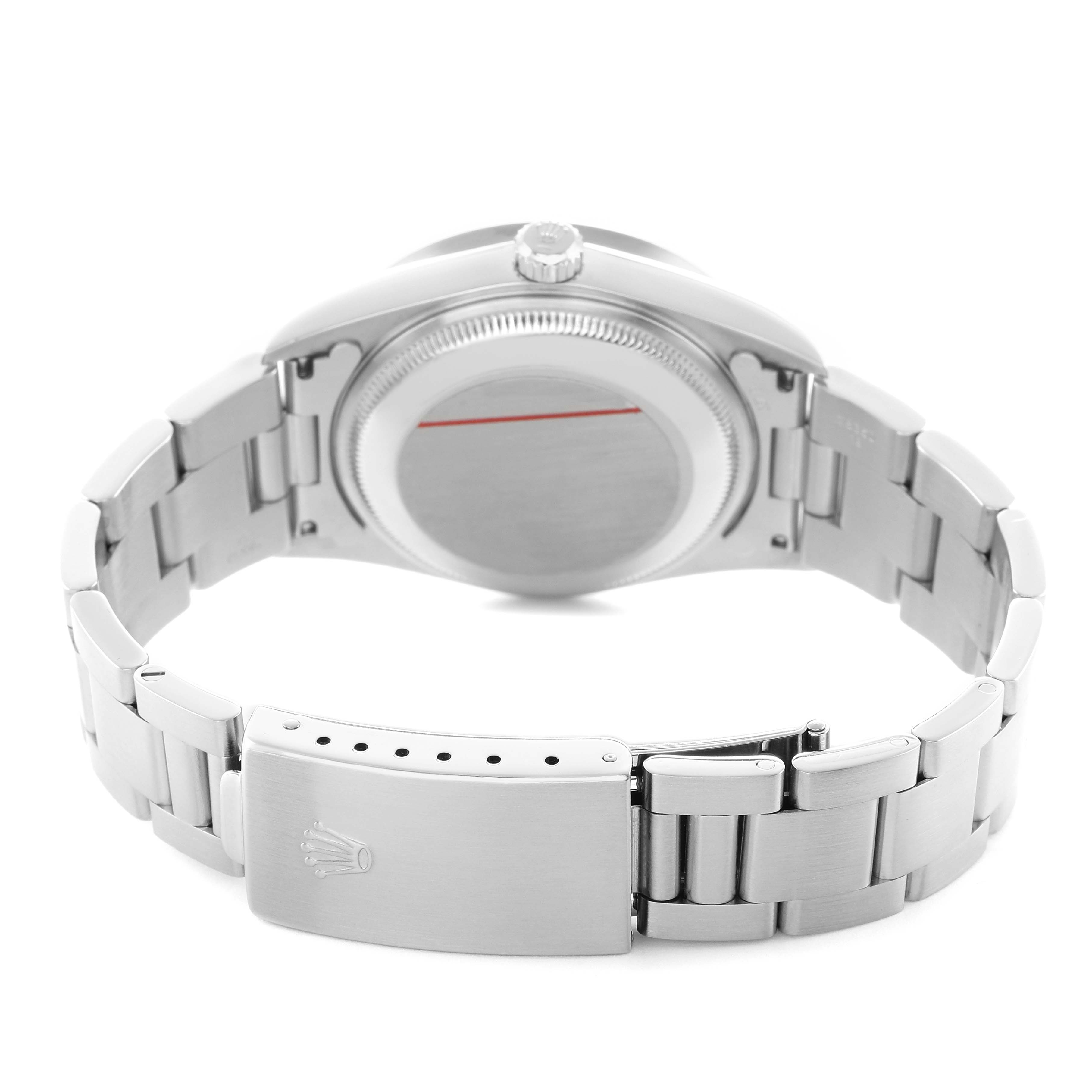 The Rolex Date 15210 Men's Stainless Steel Silver Dial watch is shown from the back, highlighting the case back, crown, and clasp of the bracelet.