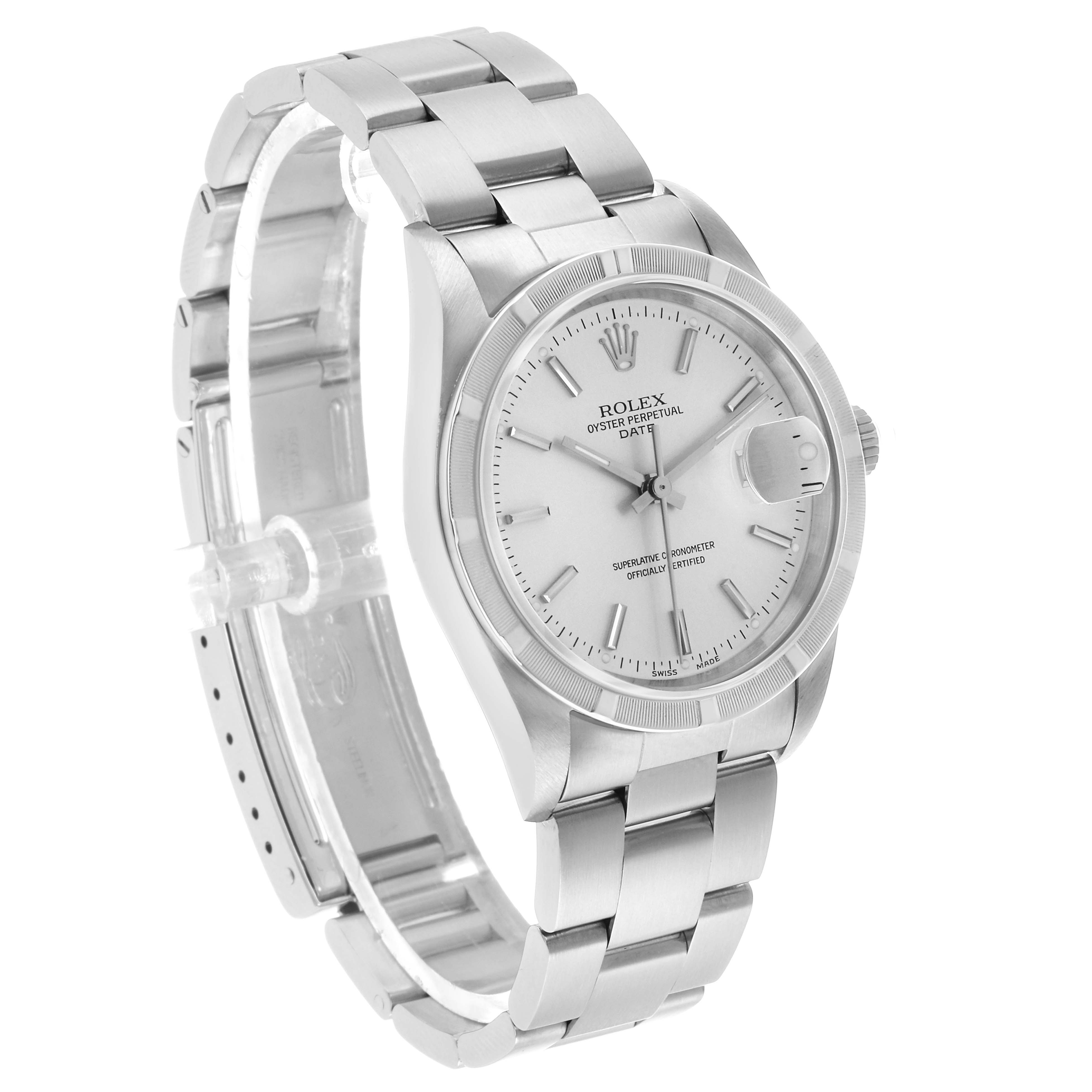 The Rolex Date 15210 Men's Stainless Steel Silver Dial model is shown at a front-left angle, highlighting the dial, case, and bracelet.