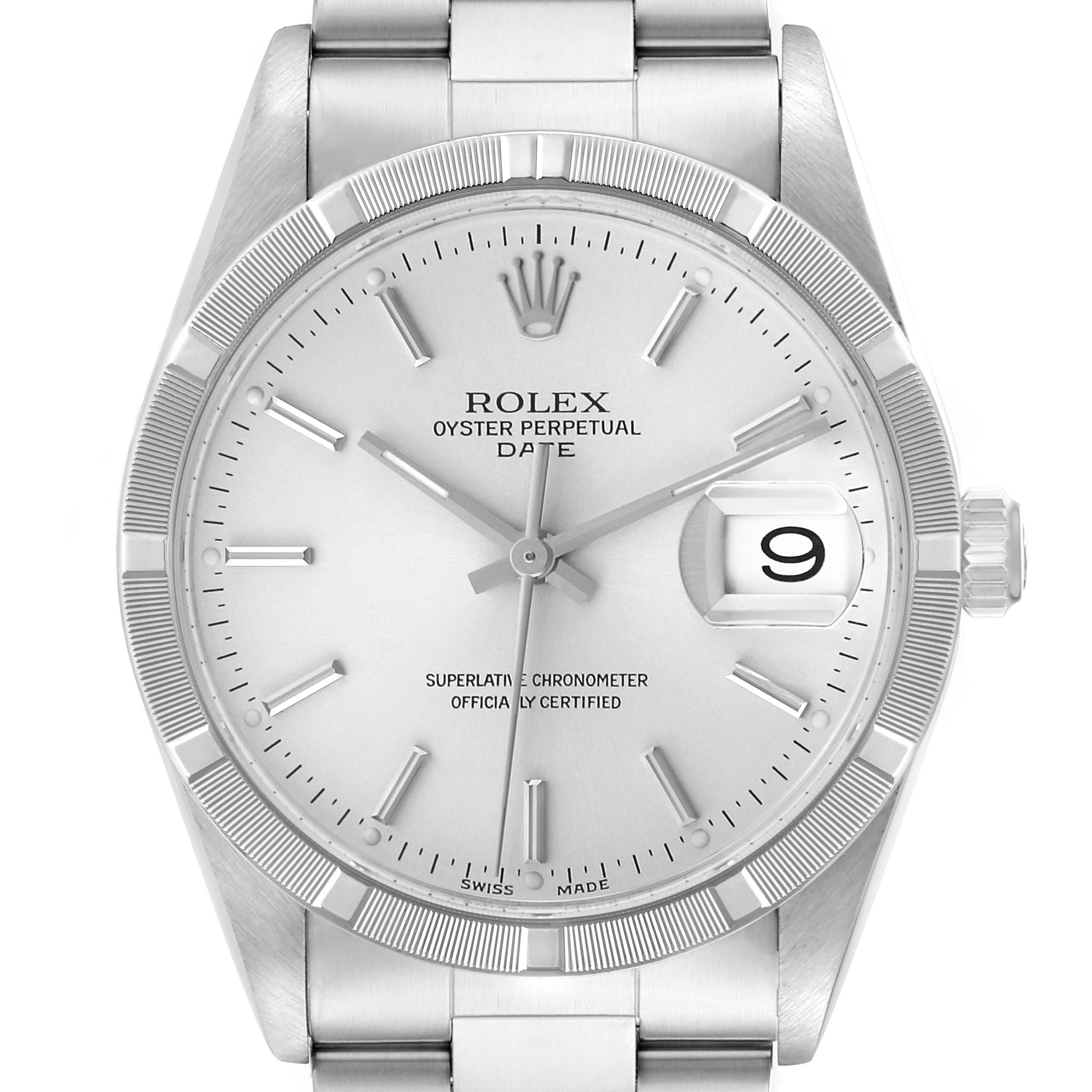 The Rolex Date 15210 Men's Stainless Steel Silver Dial model is shown from a top view, displaying the dial, bezel, crown, and part of the bracelet.