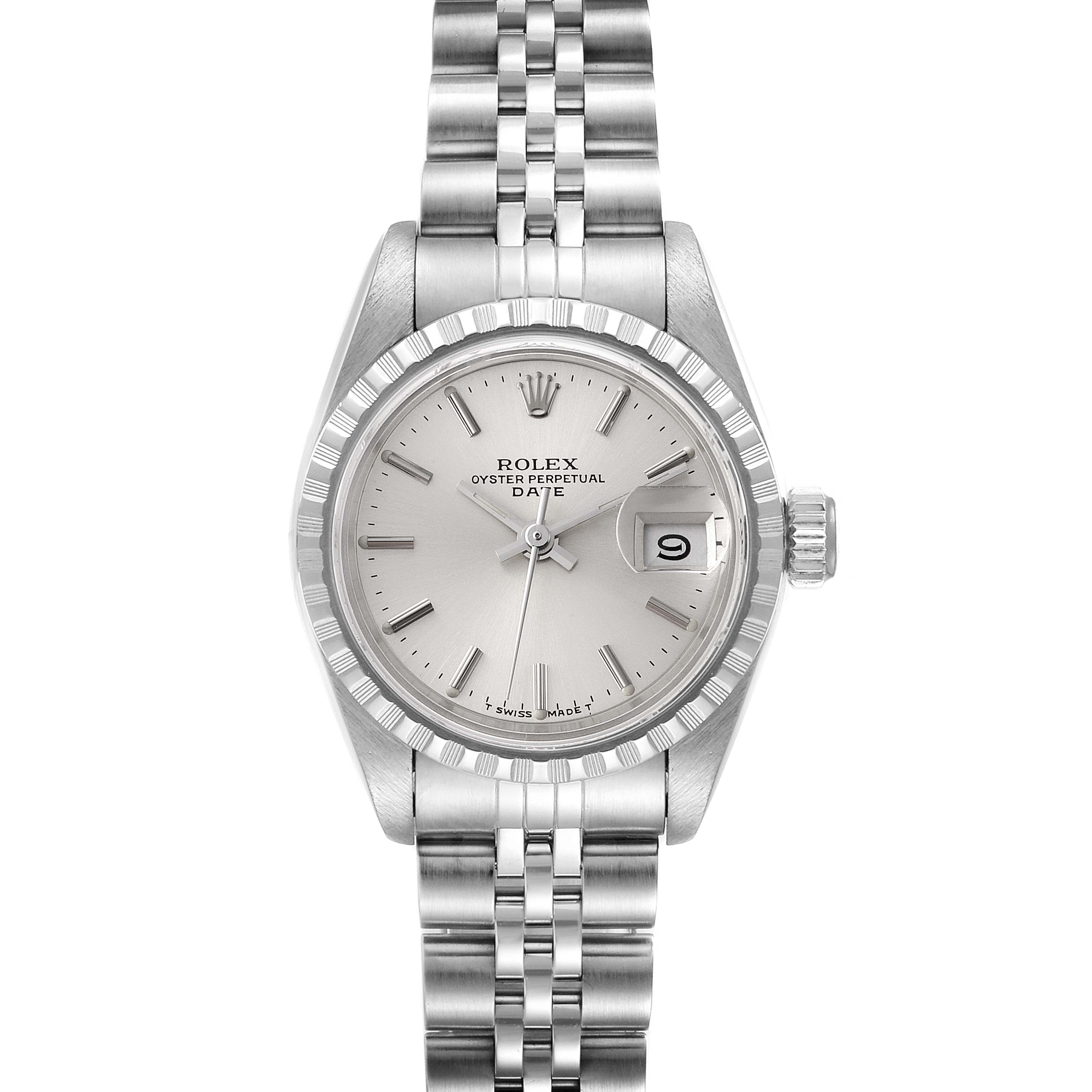 This Rolex Date 69240 Women's Stainless Steel Silver Dial 69240 Women's Stainless Steel Silver Dial model is shown from a front angle, displaying the dial, hands, bracelet, crown, and date window.