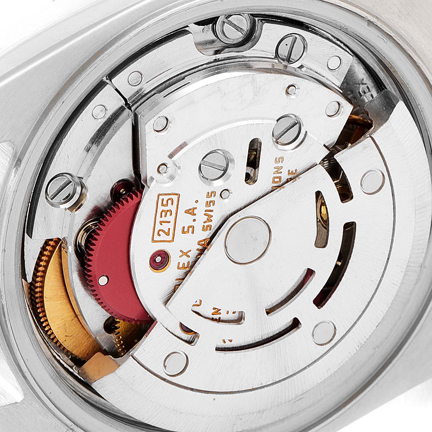 The image shows a close-up of the movement mechanism of a Rolex Date 69240 Women's Stainless Steel Silver Dial 69240 Women's Stainless Steel Silver Dial model watch.