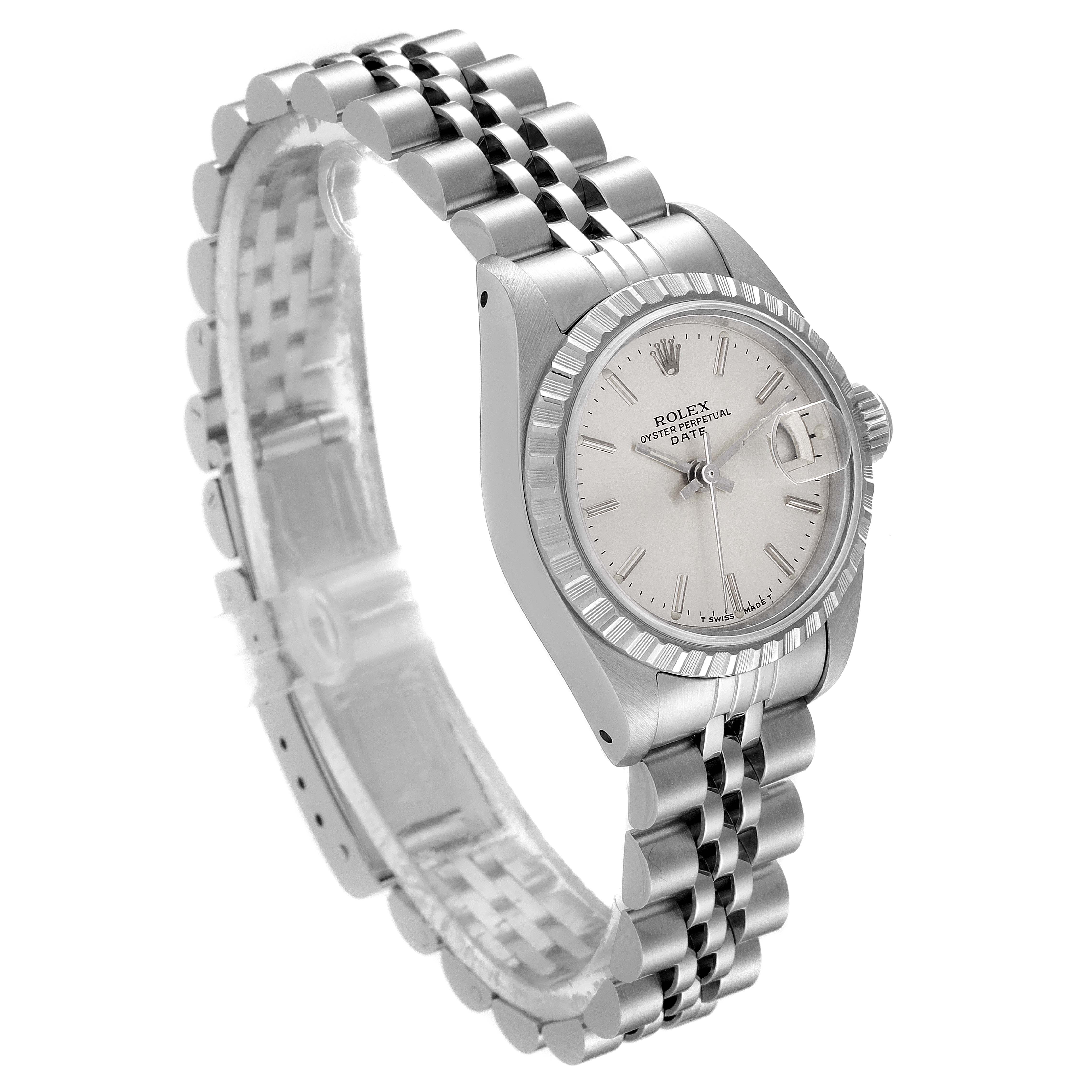 This image shows a Rolex Date 69240 Women's Stainless Steel Silver Dial 69240 Women's Stainless Steel Silver Dial model watch at a three-quarter angle, displaying the face, bezel, crown, and bracelet.