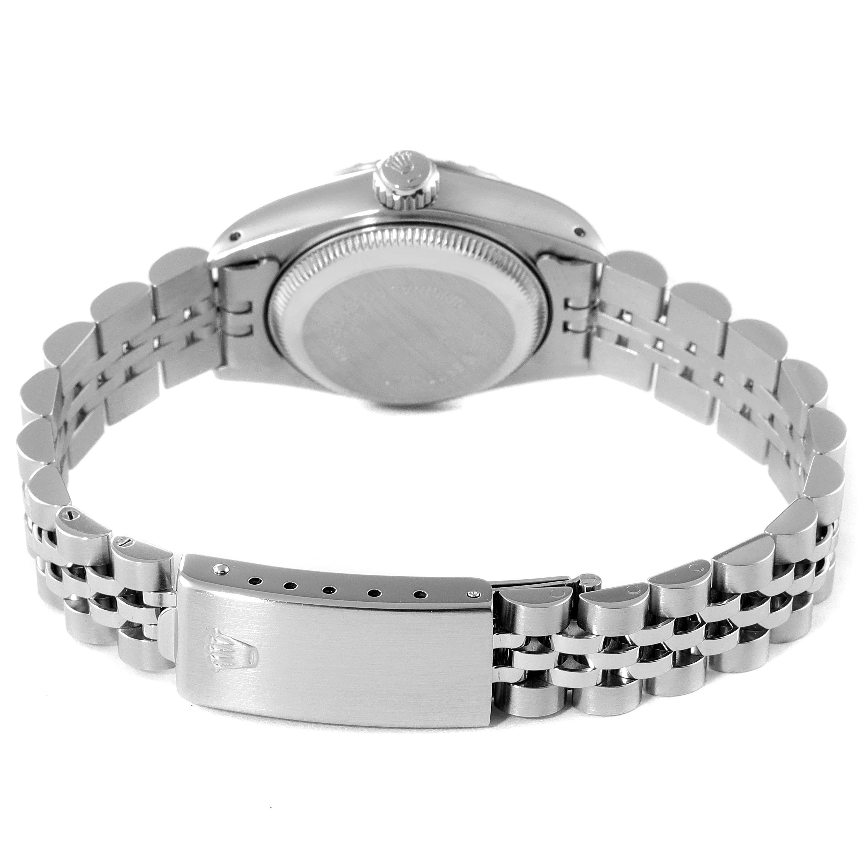 This image shows the back and bracelet clasp of a Rolex Date 69240 Women's Stainless Steel Silver Dial 69240 Women's Stainless Steel Silver Dial model watch.