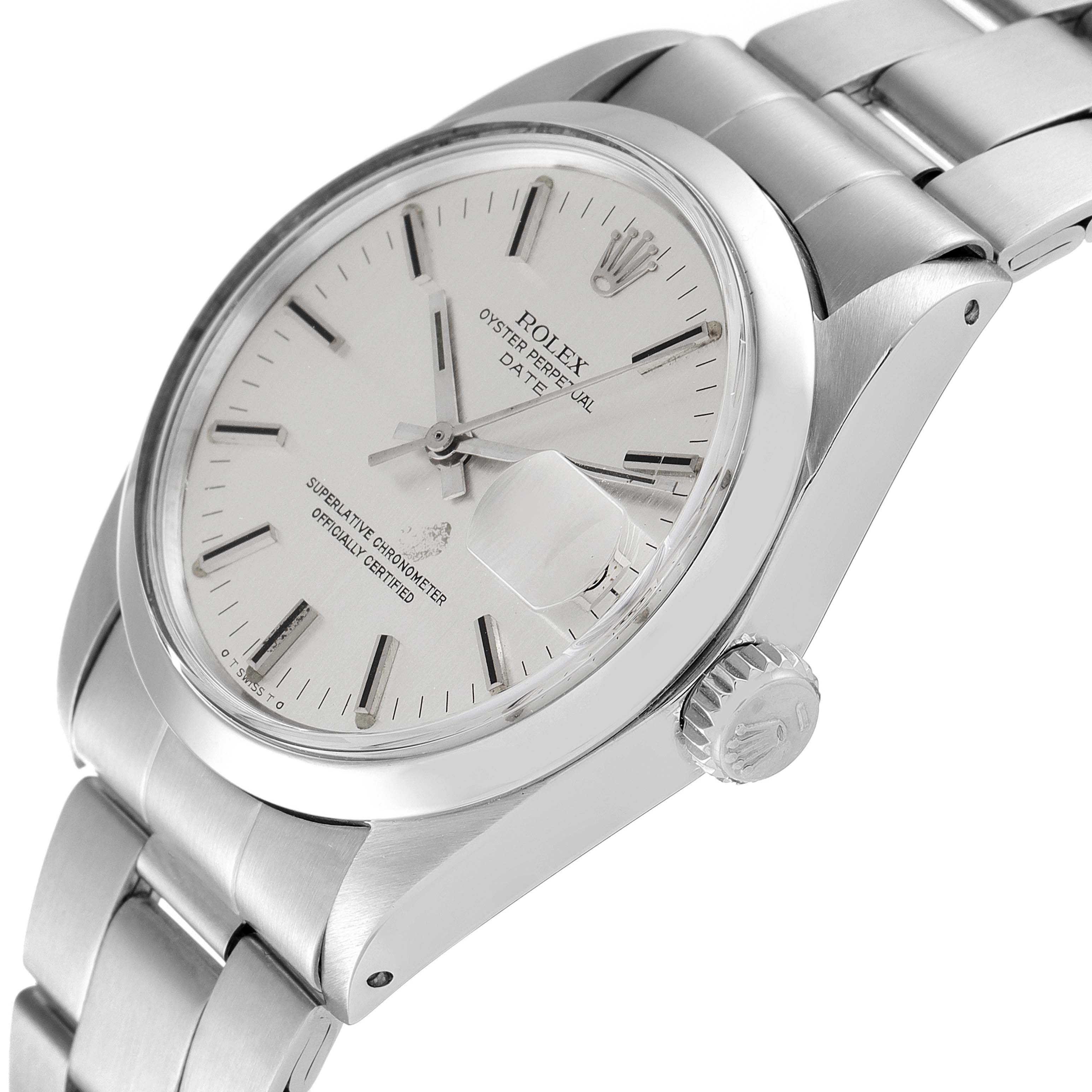 The Rolex Date 1500 Men's Stainless Steel Silver Dial 1500 Men's Stainless Steel Silver Dial watch is shown at a slight angle, highlighting the face, bezel, crown, and part of the bracelet.