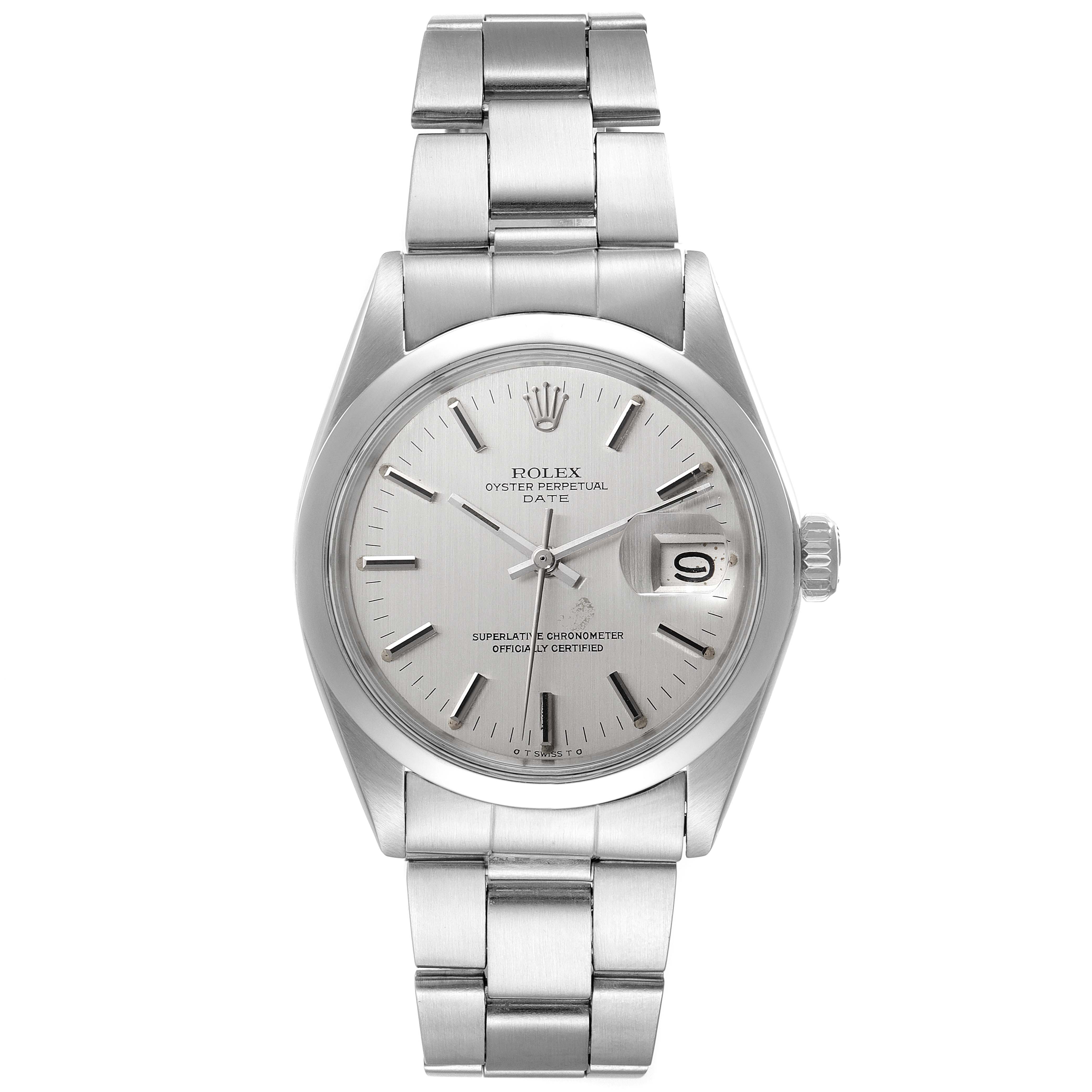 The image shows a front view of the Rolex Date 1500 Men's Stainless Steel Silver Dial 1500 Men's Stainless Steel Silver Dial model watch, displaying the dial, hands, date window, and bracelet.
