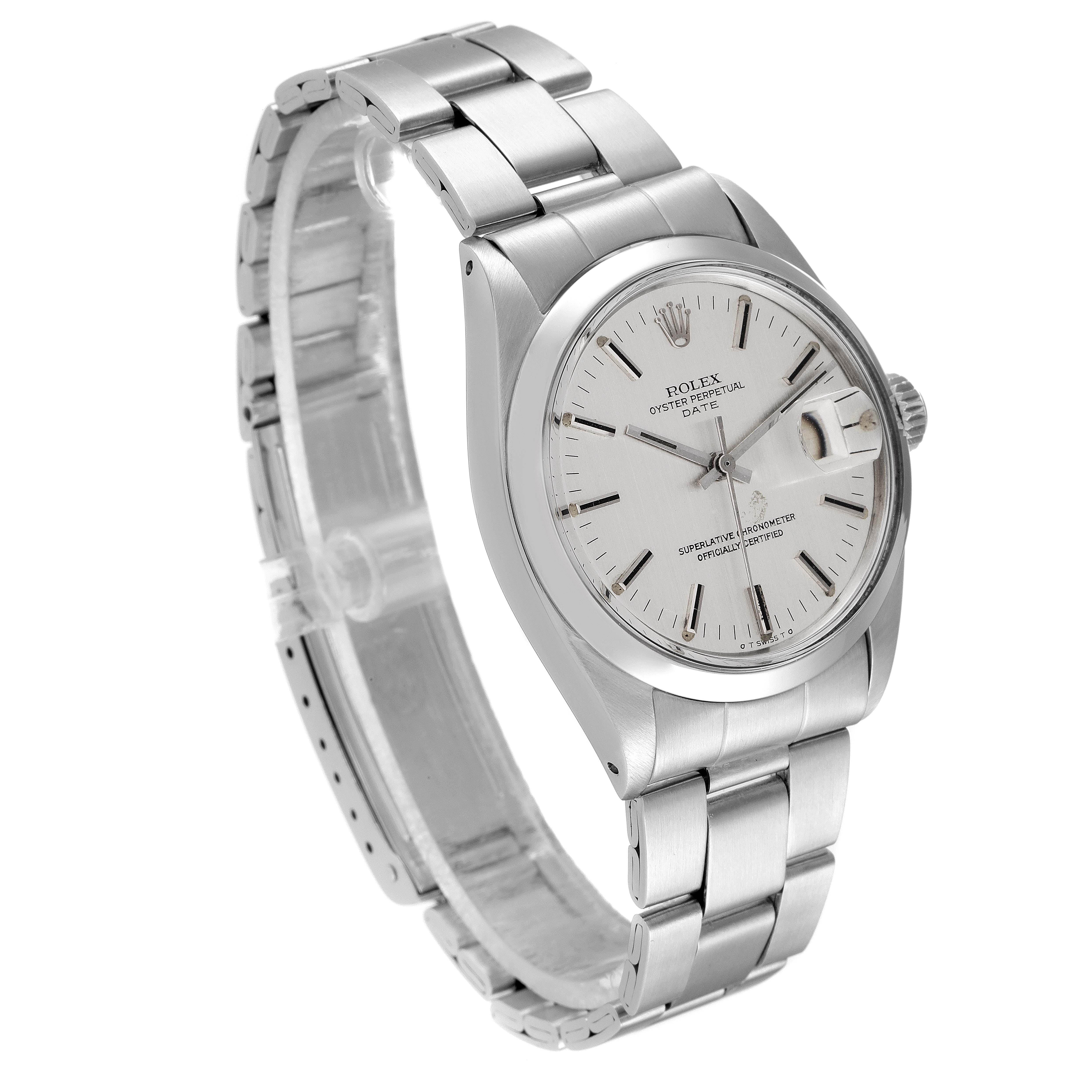 The image shows a Rolex Date 1500 Men's Stainless Steel Silver Dial 1500 Men's Stainless Steel Silver Dial model watch at a slight left angle, highlighting the bracelet, case, dial, and crown.