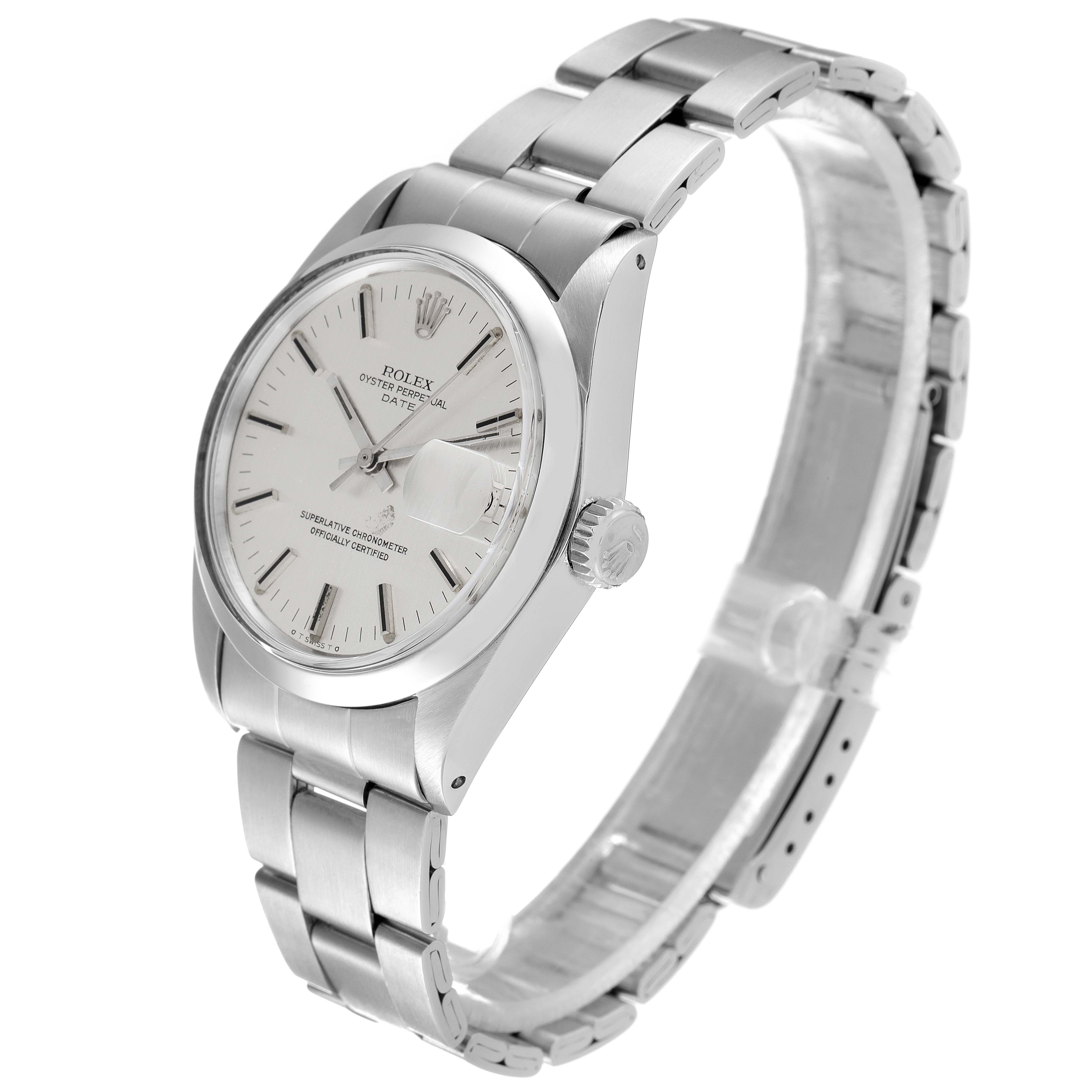 The image shows a Rolex Date 1500 Men's Stainless Steel Silver Dial 1500 Men's Stainless Steel Silver Dial model from a three-quarter perspective, highlighting its dial, crown, case, lugs, and bracelet.