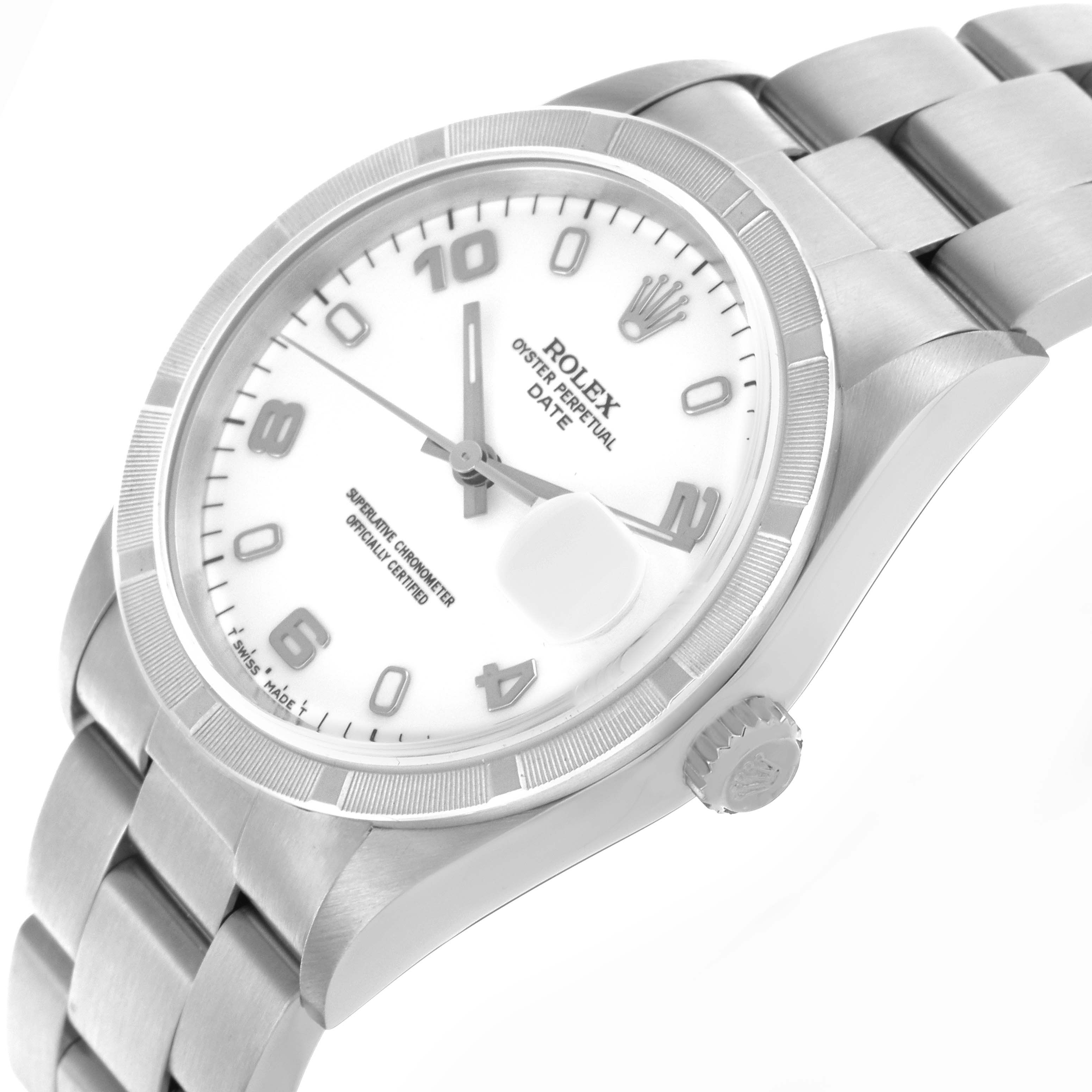 The Rolex Date 15210 Men's Stainless Steel White Dial 15210 Men's Stainless Steel White Dial model watch is shown at a slight angle, displaying the face, bezel, crown, and a portion of the bracelet.