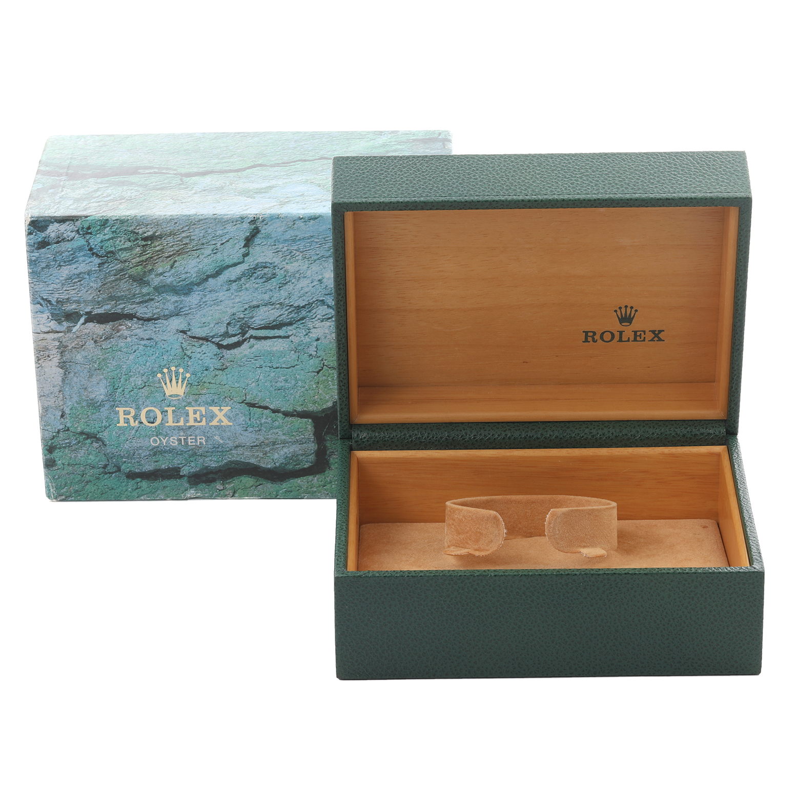 The image shows a Rolex Date 15210 Men's Stainless Steel White Dial 15210 Men's Stainless Steel White Dial model watch box at a slight angle, displaying its exterior and interior with a green outer surface and wooden inside.