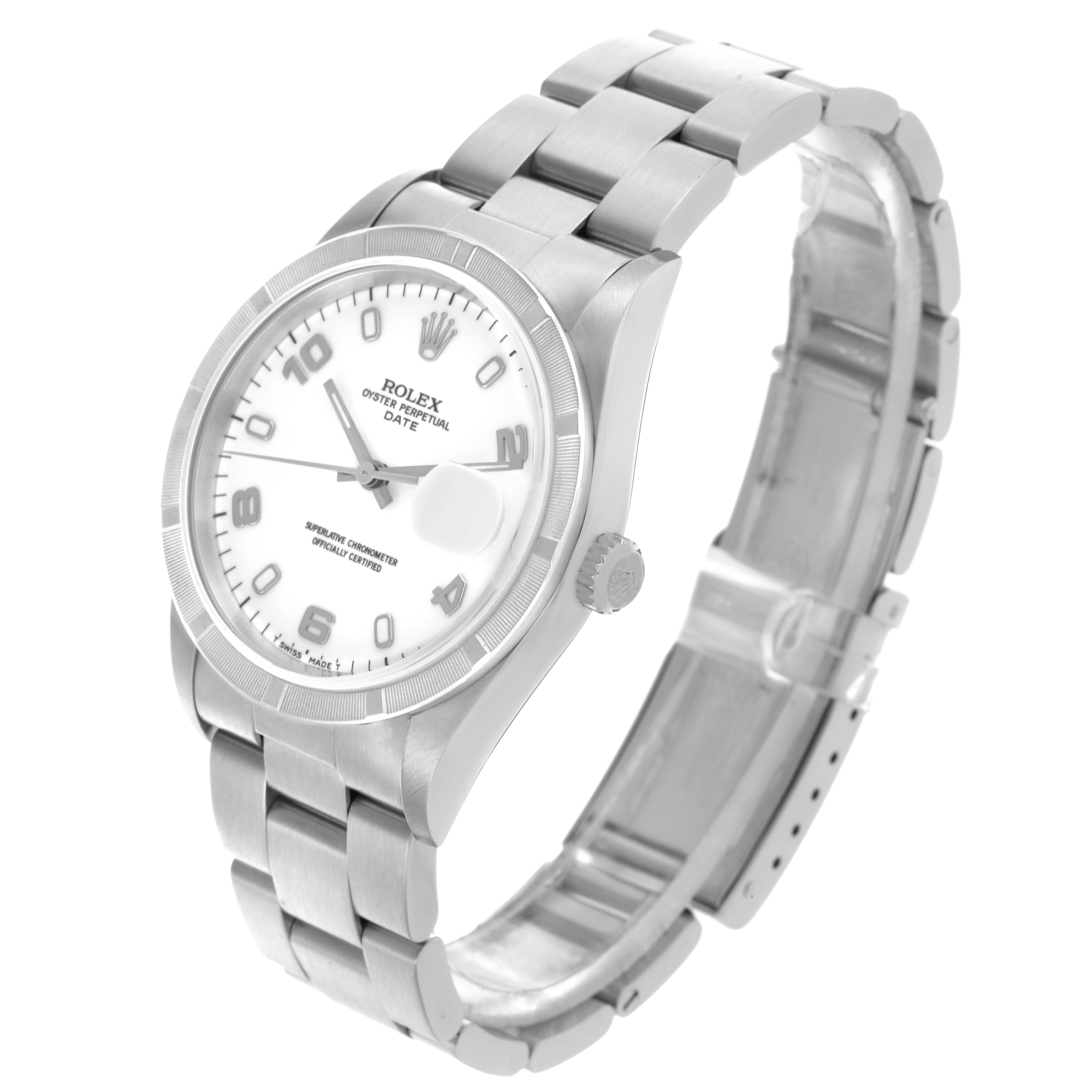 The Rolex Date 15210 Men's Stainless Steel White Dial 15210 Men's Stainless Steel White Dial watch is shown at an angle displaying the dial, crown, and full metal bracelet.