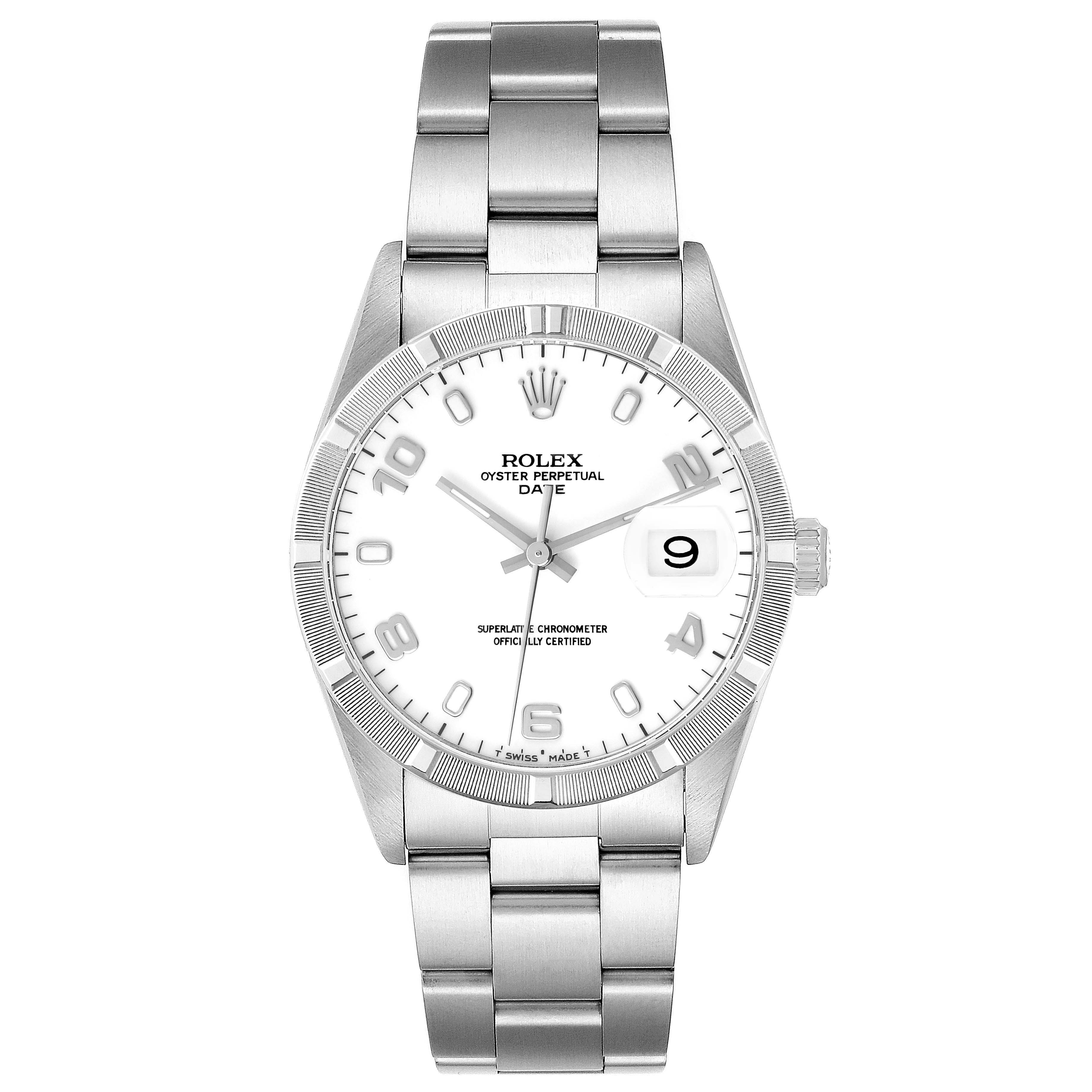The Rolex Date 15210 Men's Stainless Steel White Dial 15210 Men's Stainless Steel White Dial model watch is shown from a front angle, displaying the face, bezel, and bracelet.