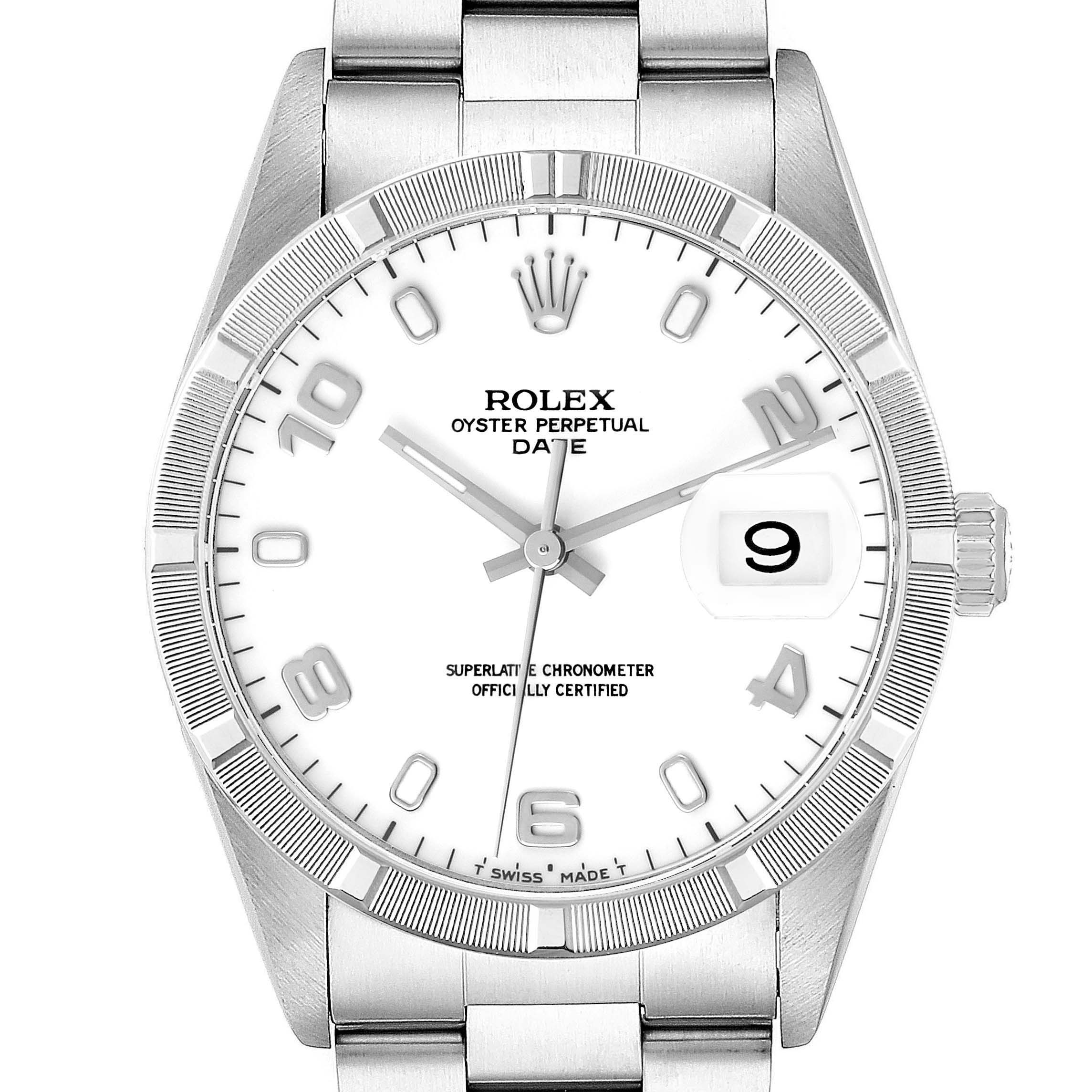 The Rolex Date 15210 Men's Stainless Steel White Dial 15210 Men's Stainless Steel White Dial watch is shown front-facing, featuring the dial, bezel, crown, and part of the bracelet.