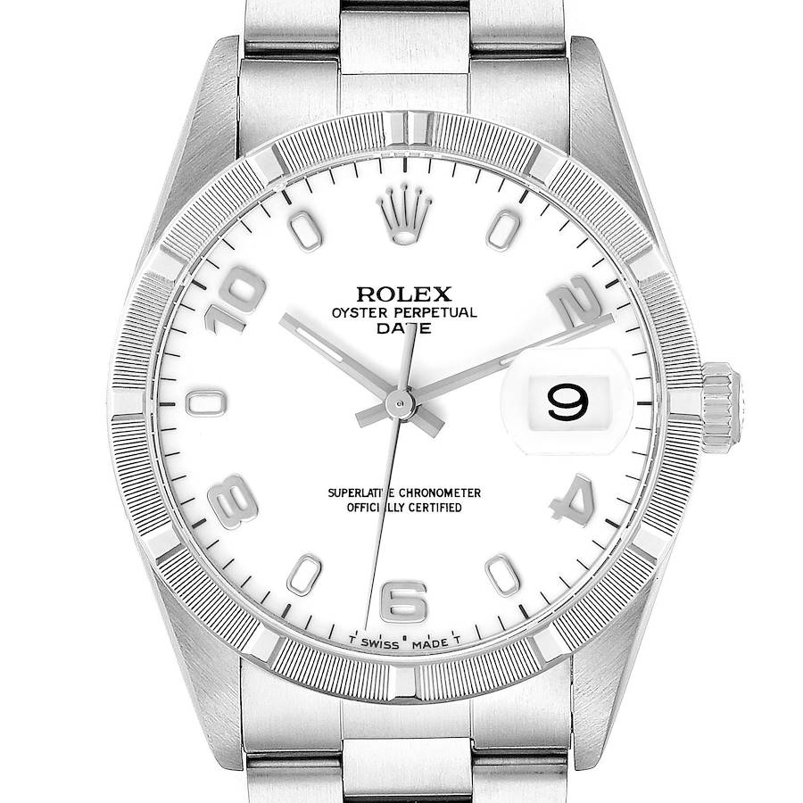 The Rolex Date watch is shown front-facing, featuring the dial, bezel, crown, and part of the bracelet.