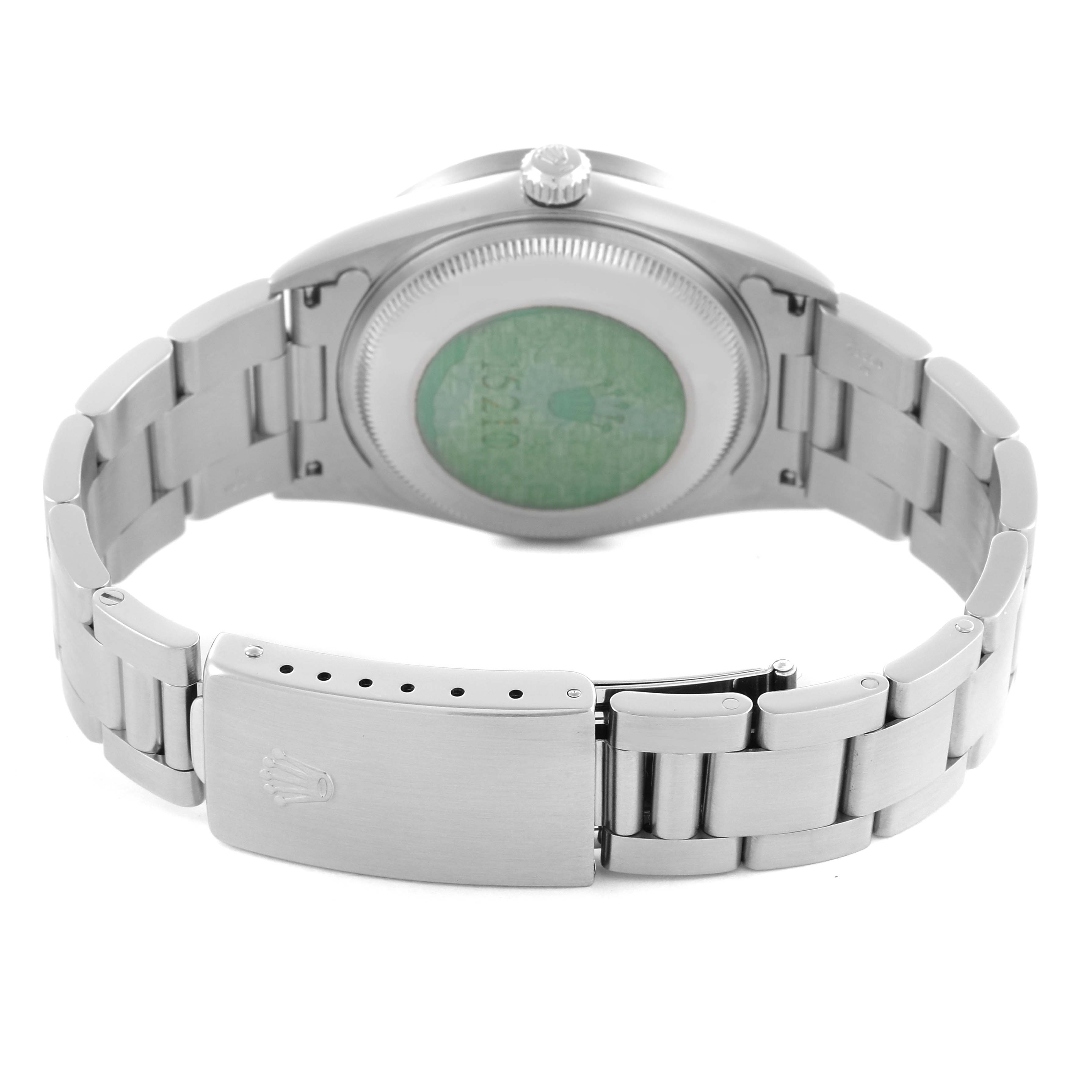 The image shows the back and bracelet of a Rolex Date 15210 Men's Stainless Steel White Dial 15210 Men's Stainless Steel White Dial watch, featuring the clasp and case back.