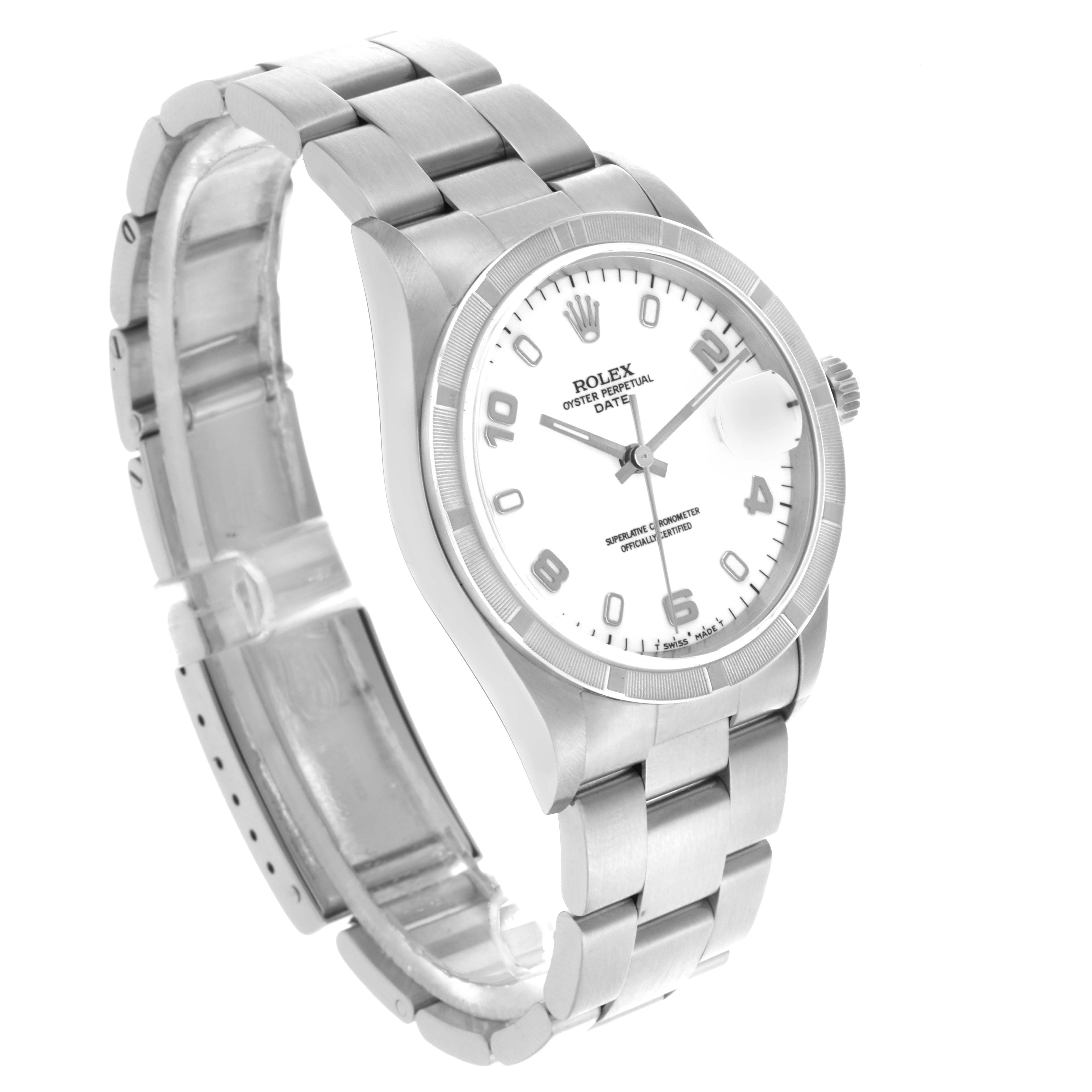 The Rolex Date 15210 Men's Stainless Steel White Dial 15210 Men's Stainless Steel White Dial watch is shown at a three-quarter angle, highlighting the dial, bezel, and bracelet.