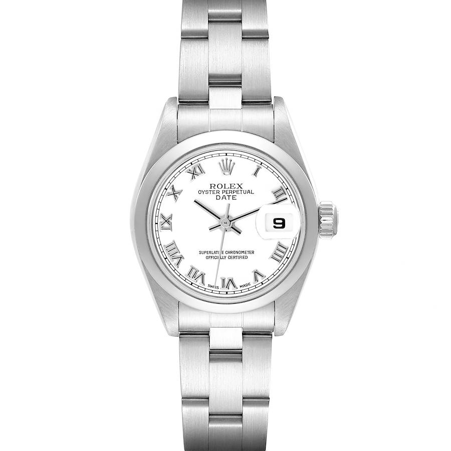 The Rolex Date watch is shown from a top-down angle, displaying the dial, bezel, and bracelet fully.