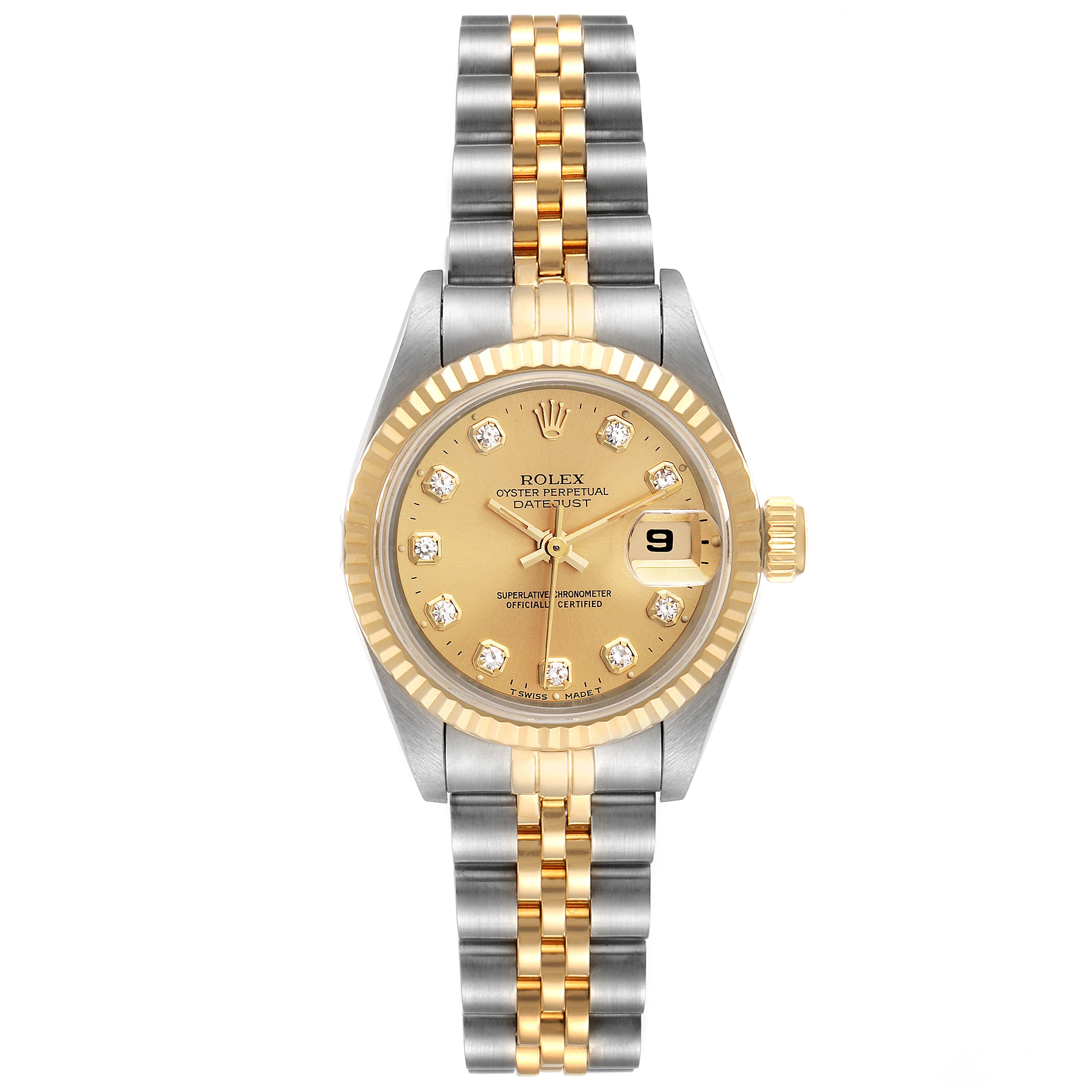This Rolex Datejust 69173 Women
s Steel and Gold (two tone) Champagne Dial 69173 Women
s Steel and Gold (two tone) Champagne Dial watch is shown in a top-down angle, highlighting the dial, bezel, and two-tone bracelet.