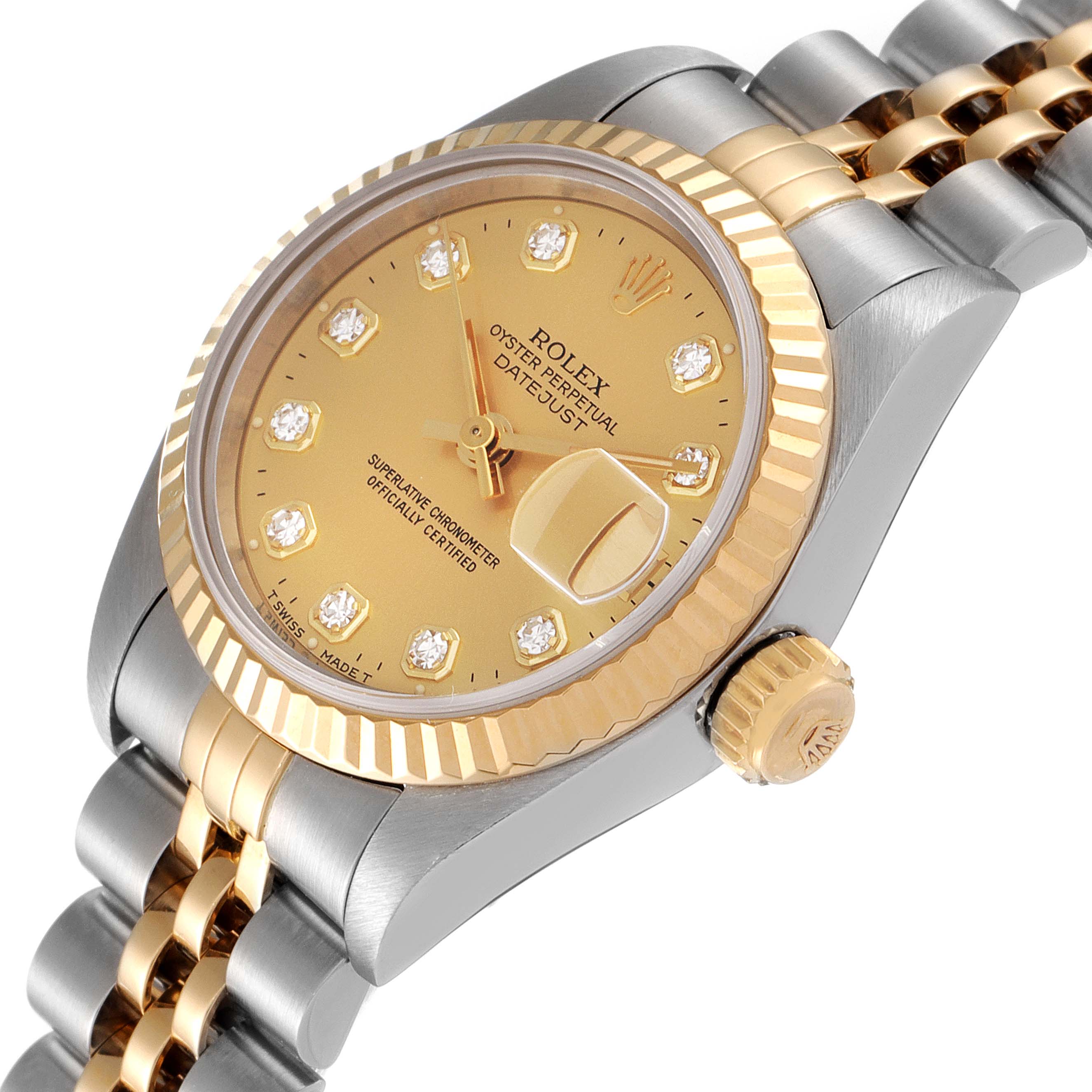 This image shows a Rolex Datejust 69173 Women
s Steel and Gold (two tone) Champagne Dial 69173 Women
s Steel and Gold (two tone) Champagne Dial watch at an angled close-up, highlighting the dial, bezel, crown, and part of the bracelet.