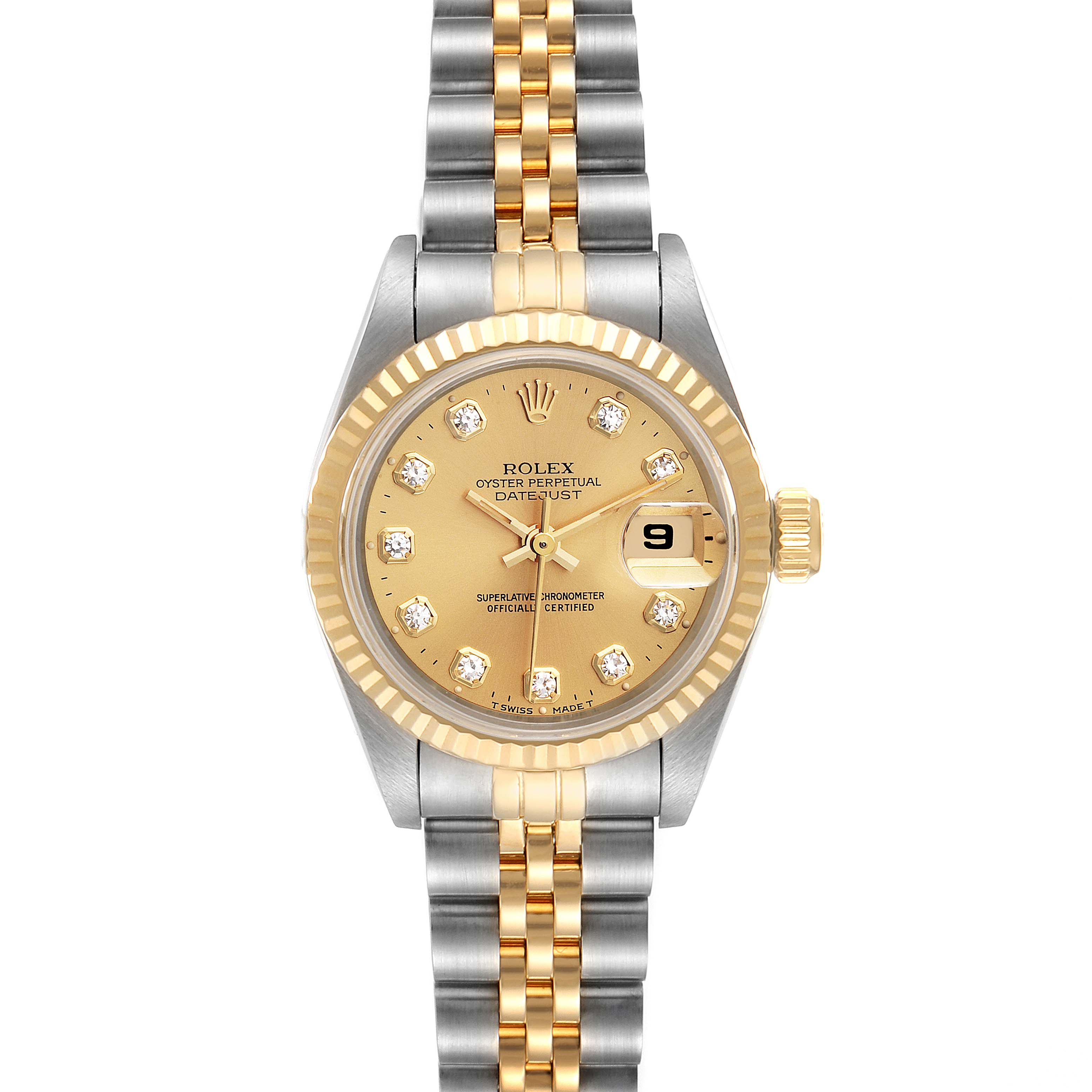 The Rolex Datejust 69173 Women
s Steel and Gold (two tone) Champagne Dial 69173 Women
s Steel and Gold (two tone) Champagne Dial watch is shown from the front, highlighting its gold dial, fluted bezel, and two-tone bracelet.